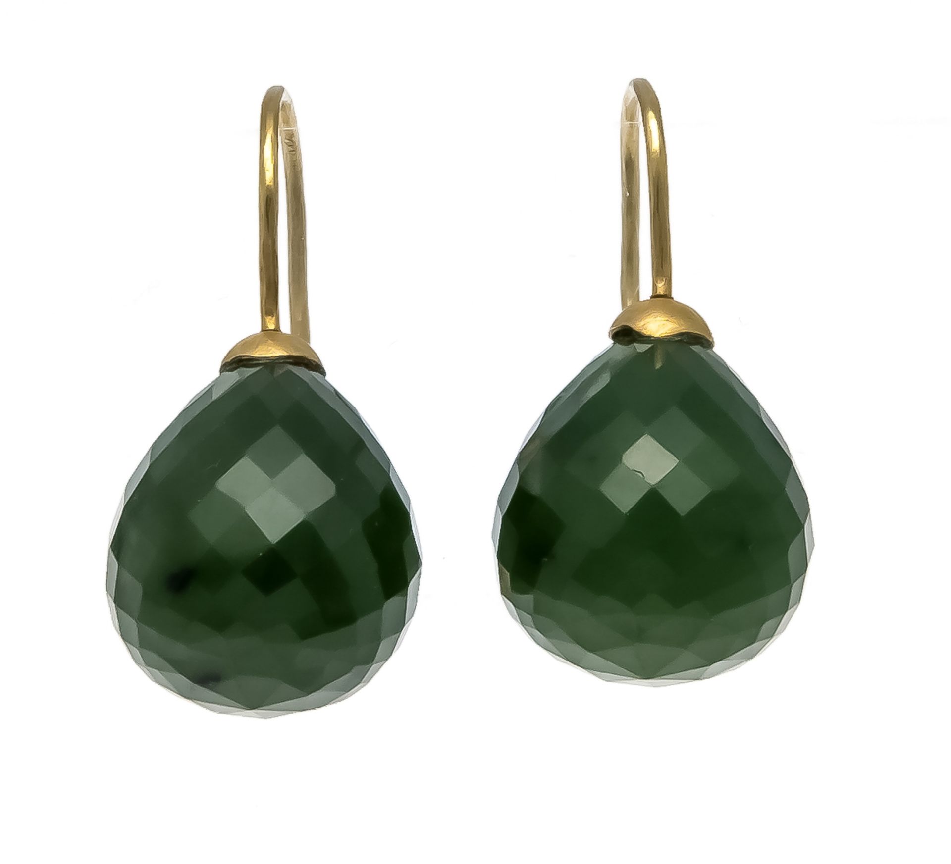 Emerald ear hook GG 750/000 with 2 emerald pampels 15 x 13 mm, dark green, opaque, l. 26.5 mm, 8.4