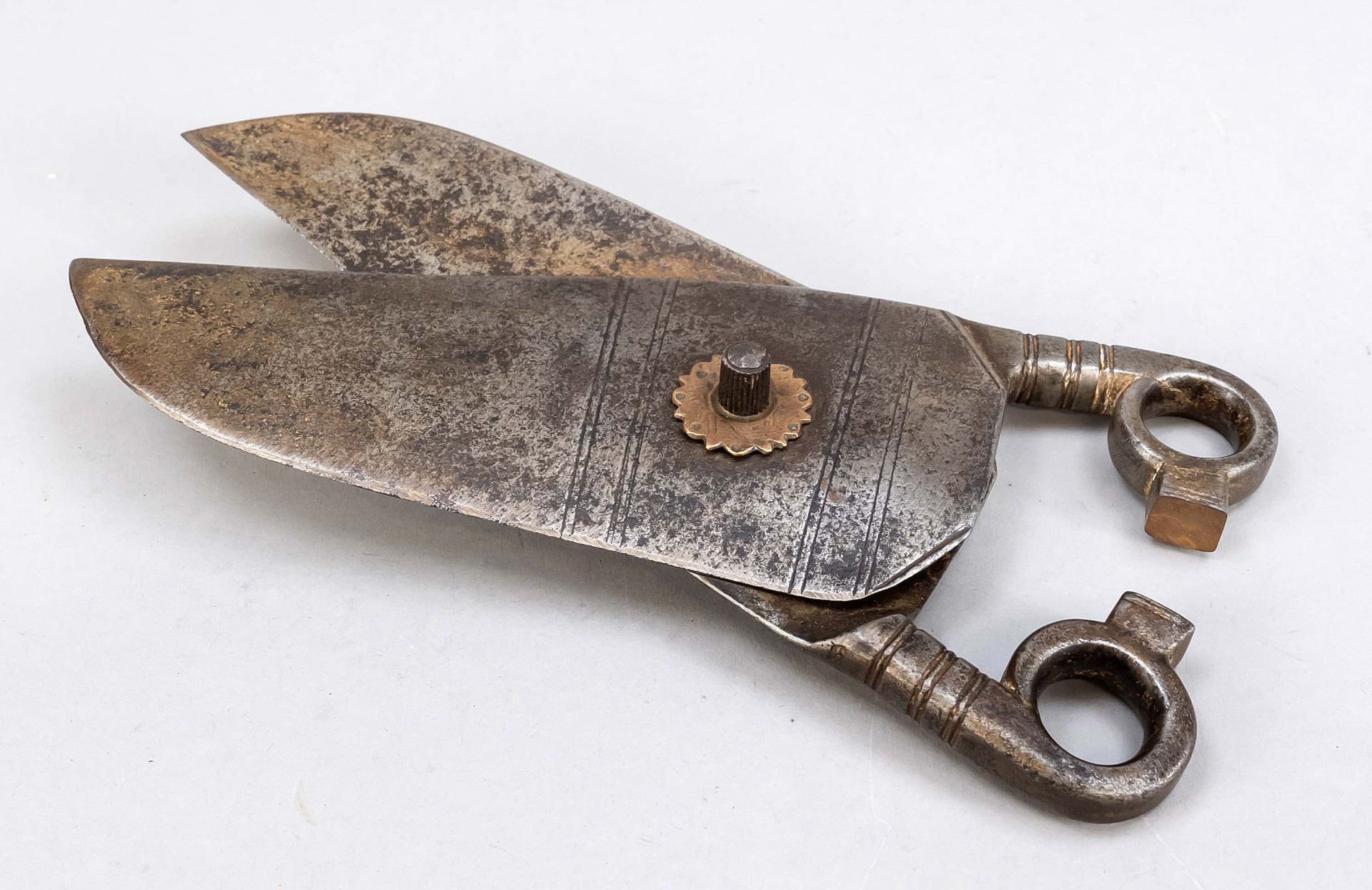 Antique scissors, 19th century (or earlier?), iron. Very wide blades, l. 26 cm