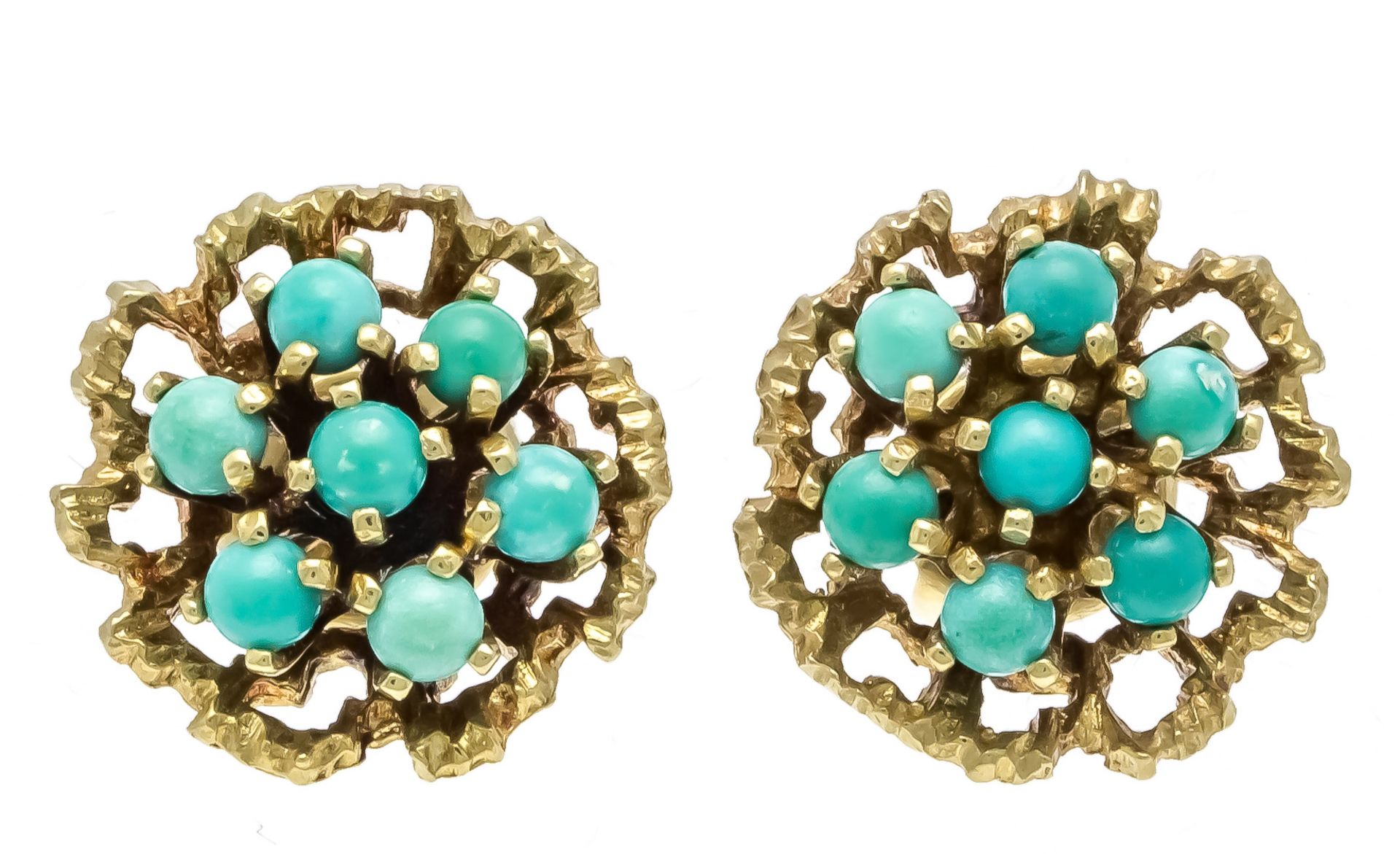 Turquoise stud earrings GG 585/000 with 14 round turquoise cabochons 2,3 mm, d. 13 mm, 4,1 g