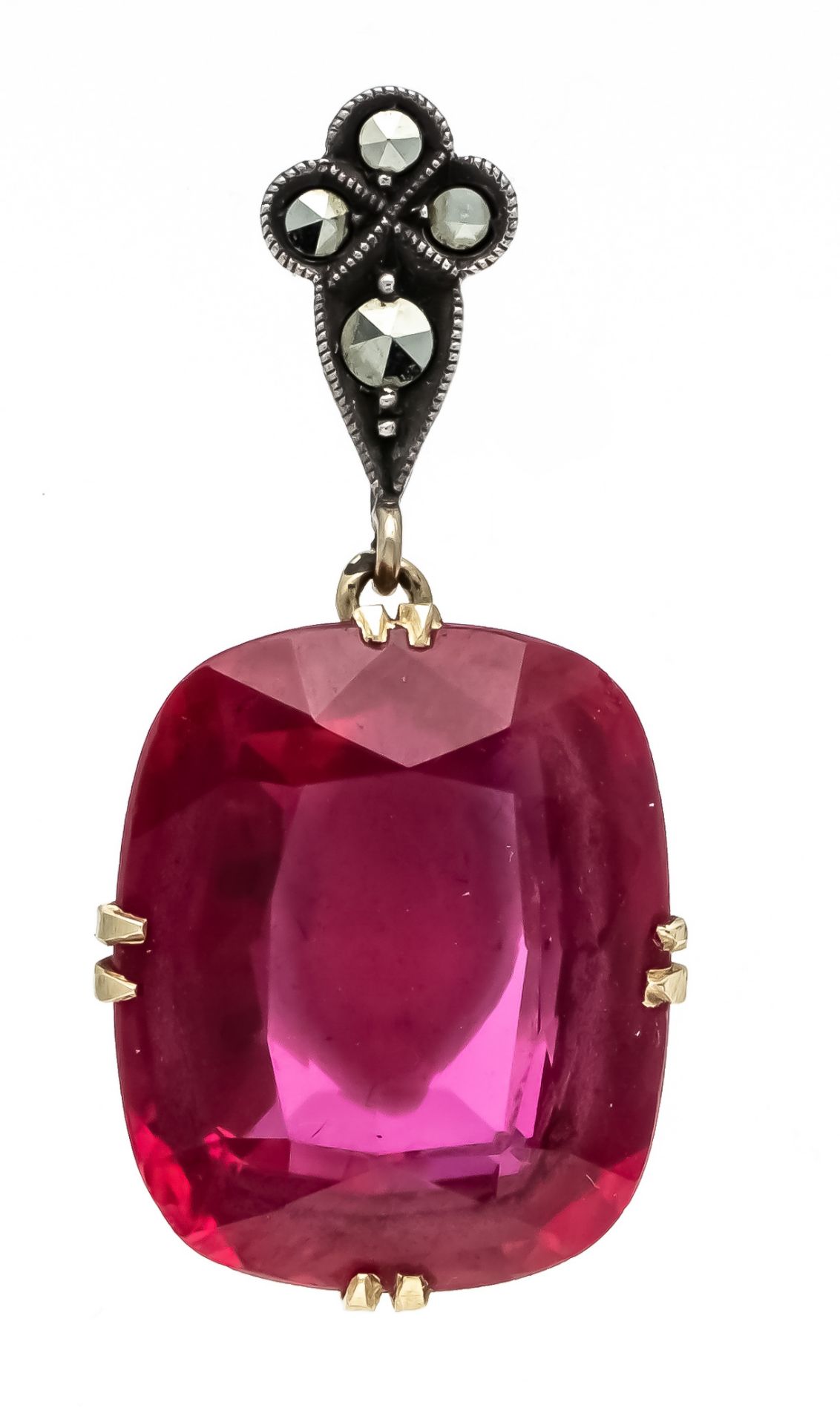 Synth. ruby pendant c. 1920 GG/WG 585/000 unstamped, tested, with an antique-cut faceted synth. ruby