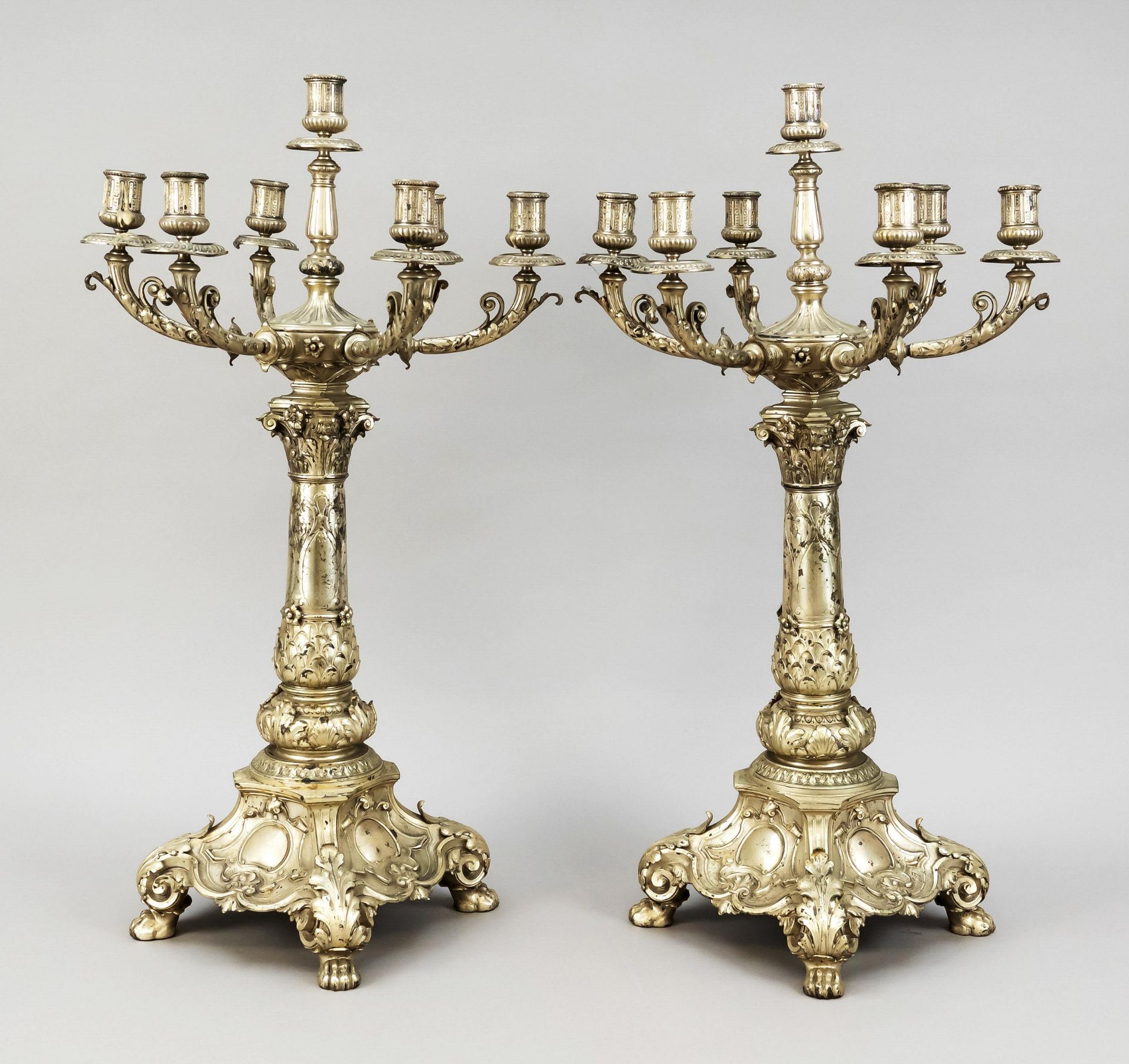 Pair of large seven-flame girandoles, German, maker's mark Sy & Wagner, Berlin, silver 800/000, each
