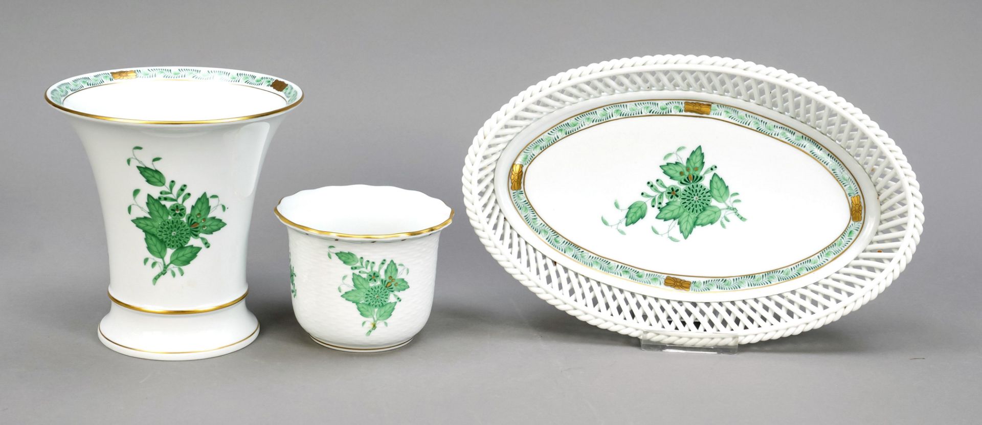 Three pieces, Herend, mark after 1967, decor Apponyi in green, ornamental gilding, trumpet vase,