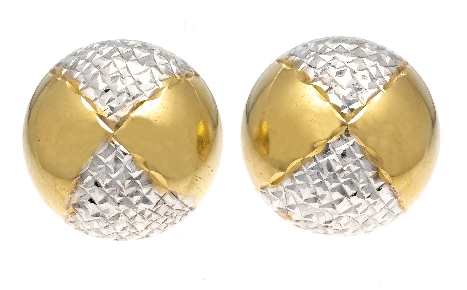 Vintage button stud earrings GG/WG 585/000 half balls D. 14 mm with checkerboard pattern, 3,2 g