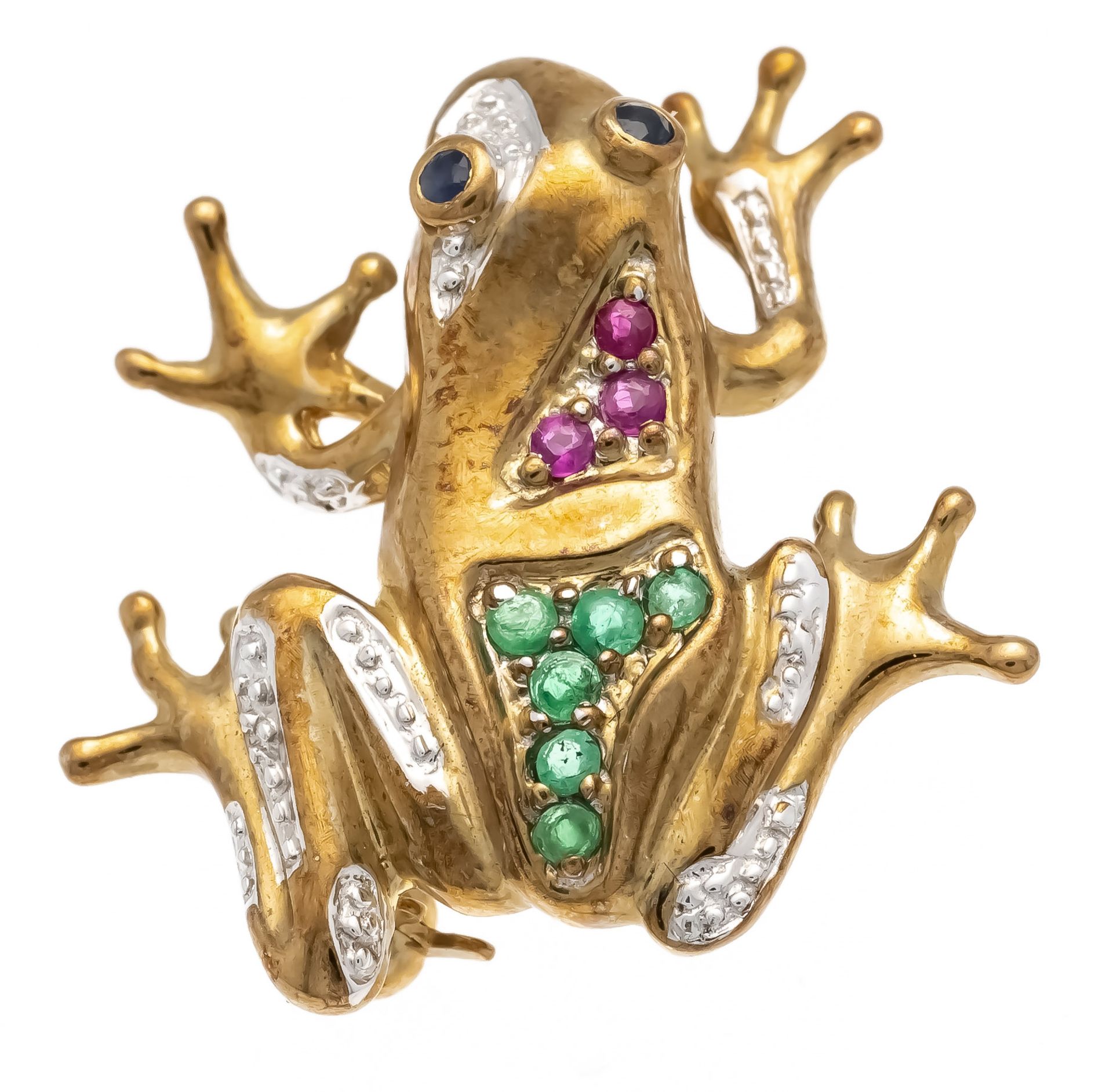 Frog brooch GG/WG 333/000 with round faceted emeralds, rubies and sapphires 1,7 - 1,1 mm, l. 22