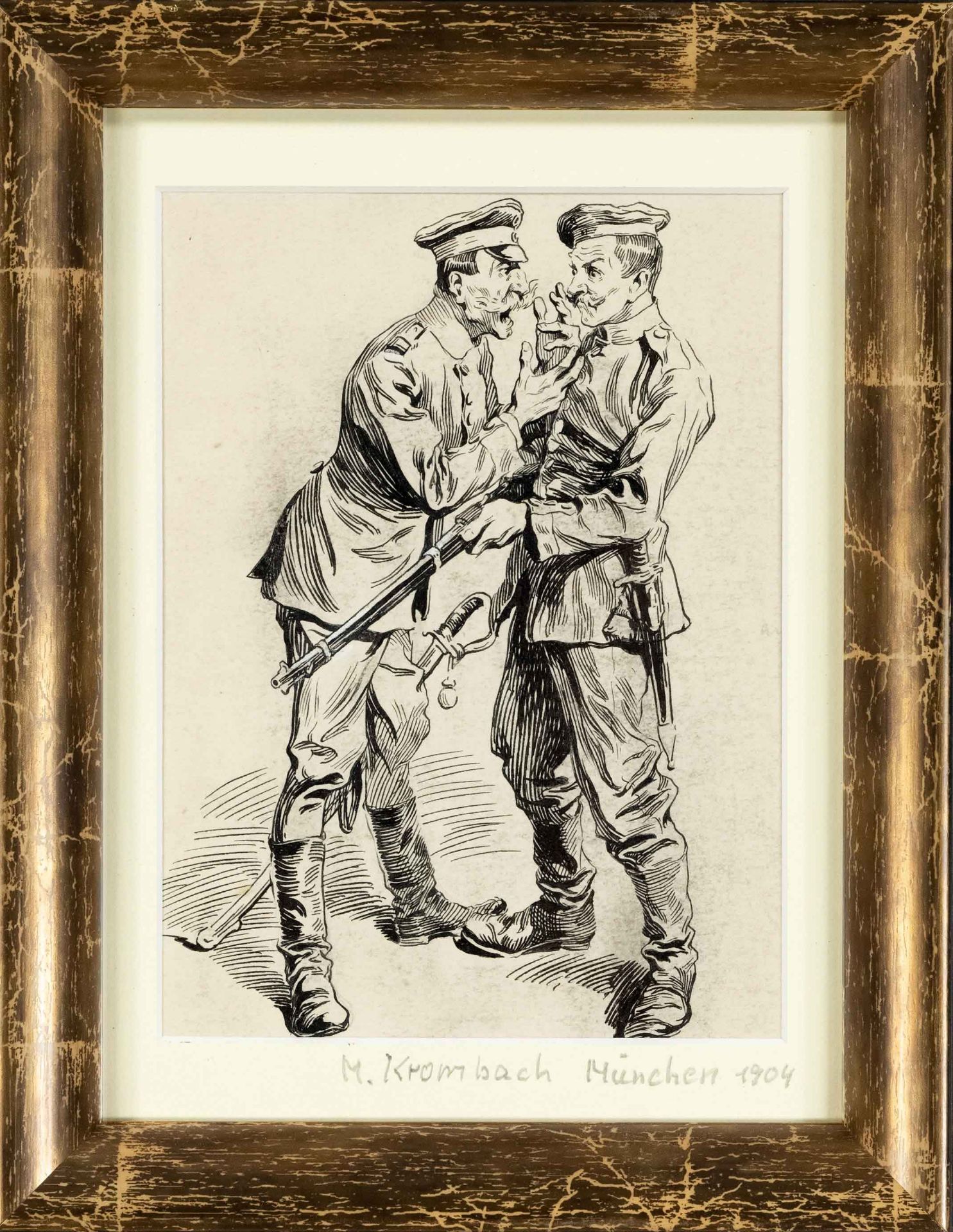 Max Krombach (1867-1947), two soldiers fighting, pen and ink drawing on paper, unsigned, inscribed