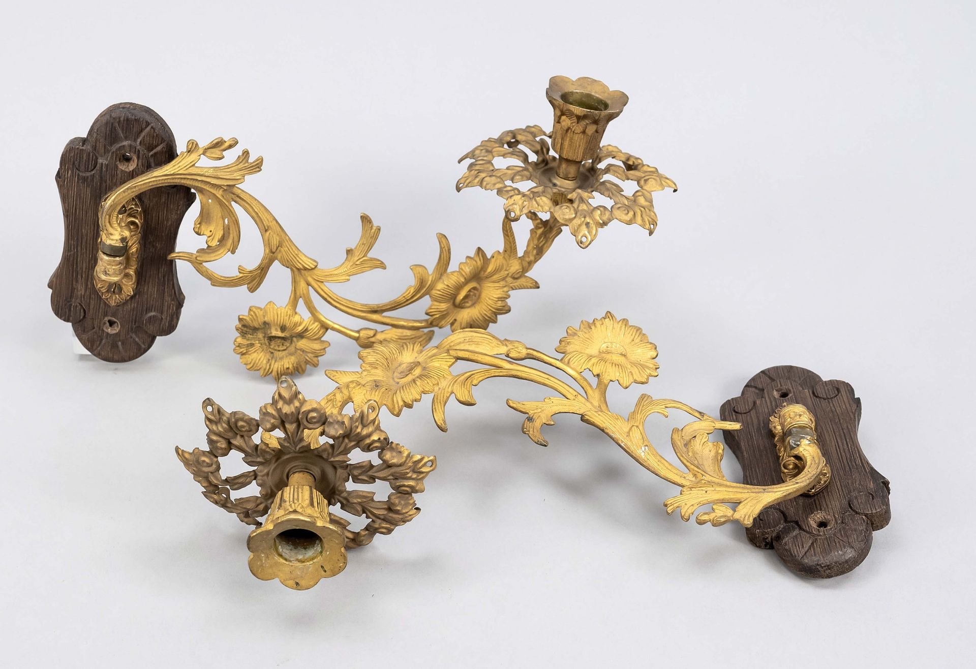 Pair of Historism piano chandeliers, late 19th c. Gilded chandelier arms as openwork floral