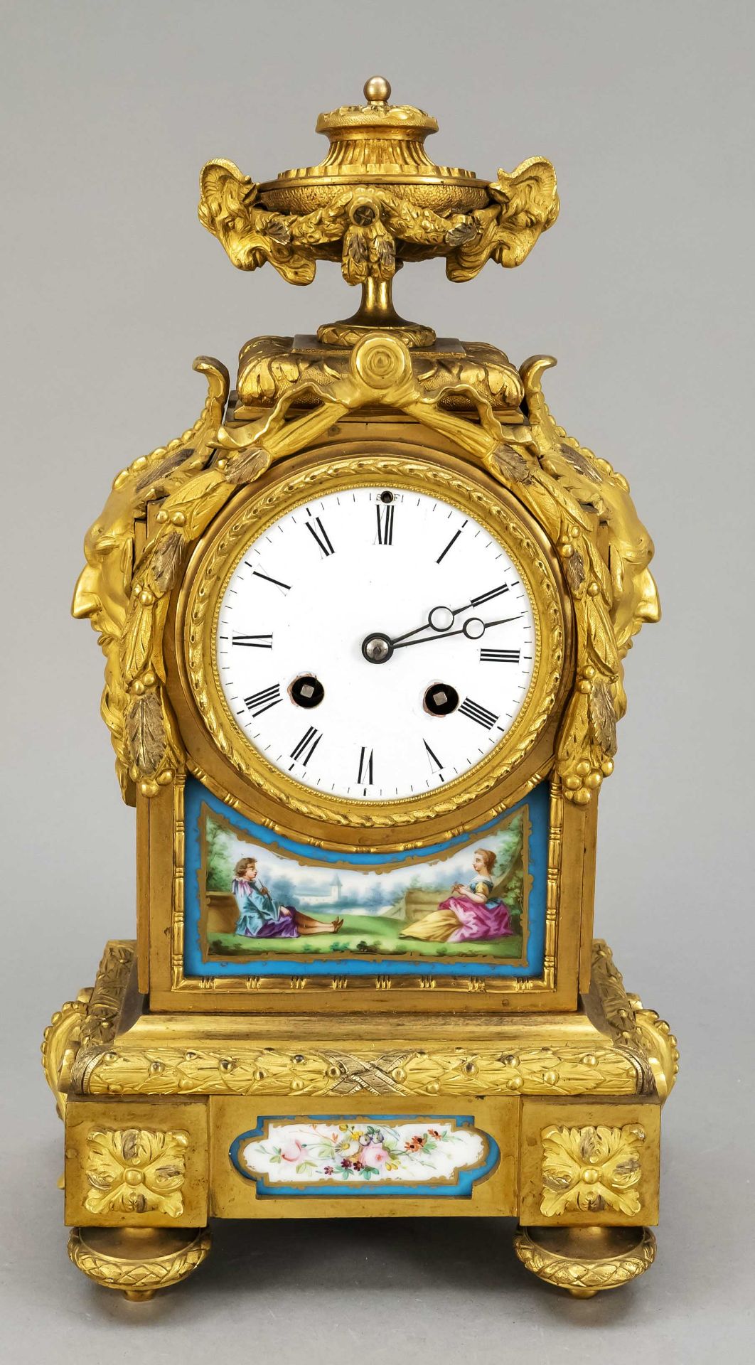 French. Pendulum, 2nd half of the 19th century, inlaid with probably Sevres plates, on the sides and