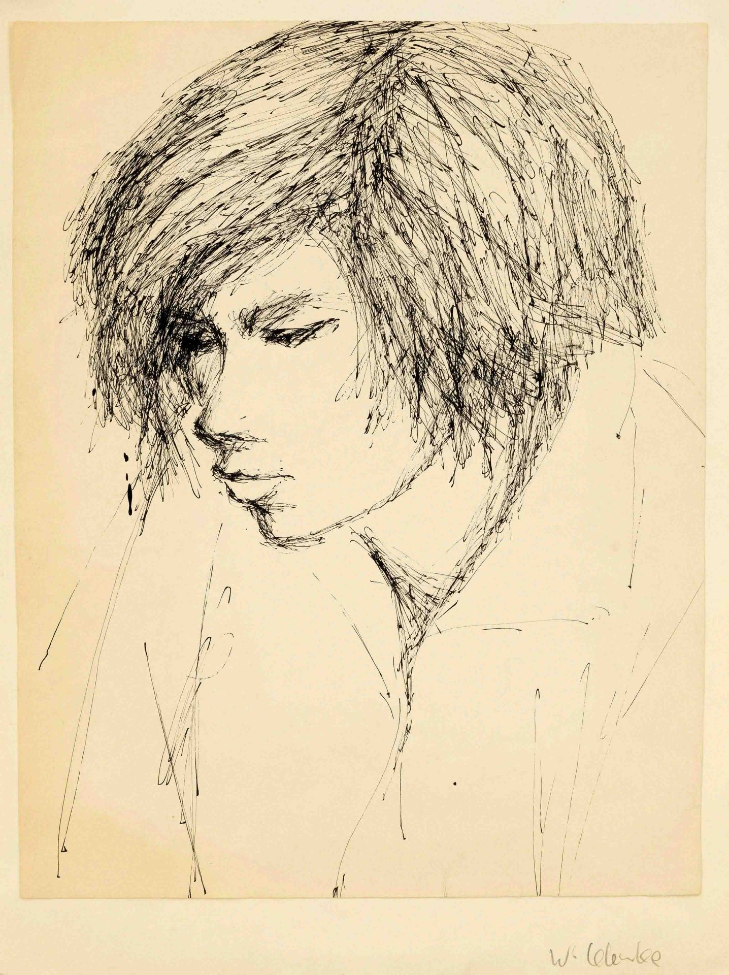 Werner Klemke (1917-1994), Portrait of a boy, pen and ink drawing on paper, mounted on backing
