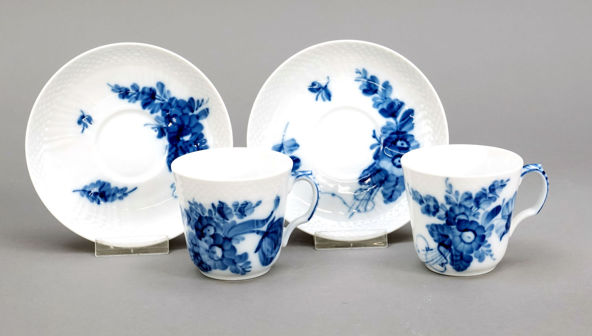 Two demitasse cups with saucers, Royal Copenhagen, Denmark, late 20th century, Ozier form, blue