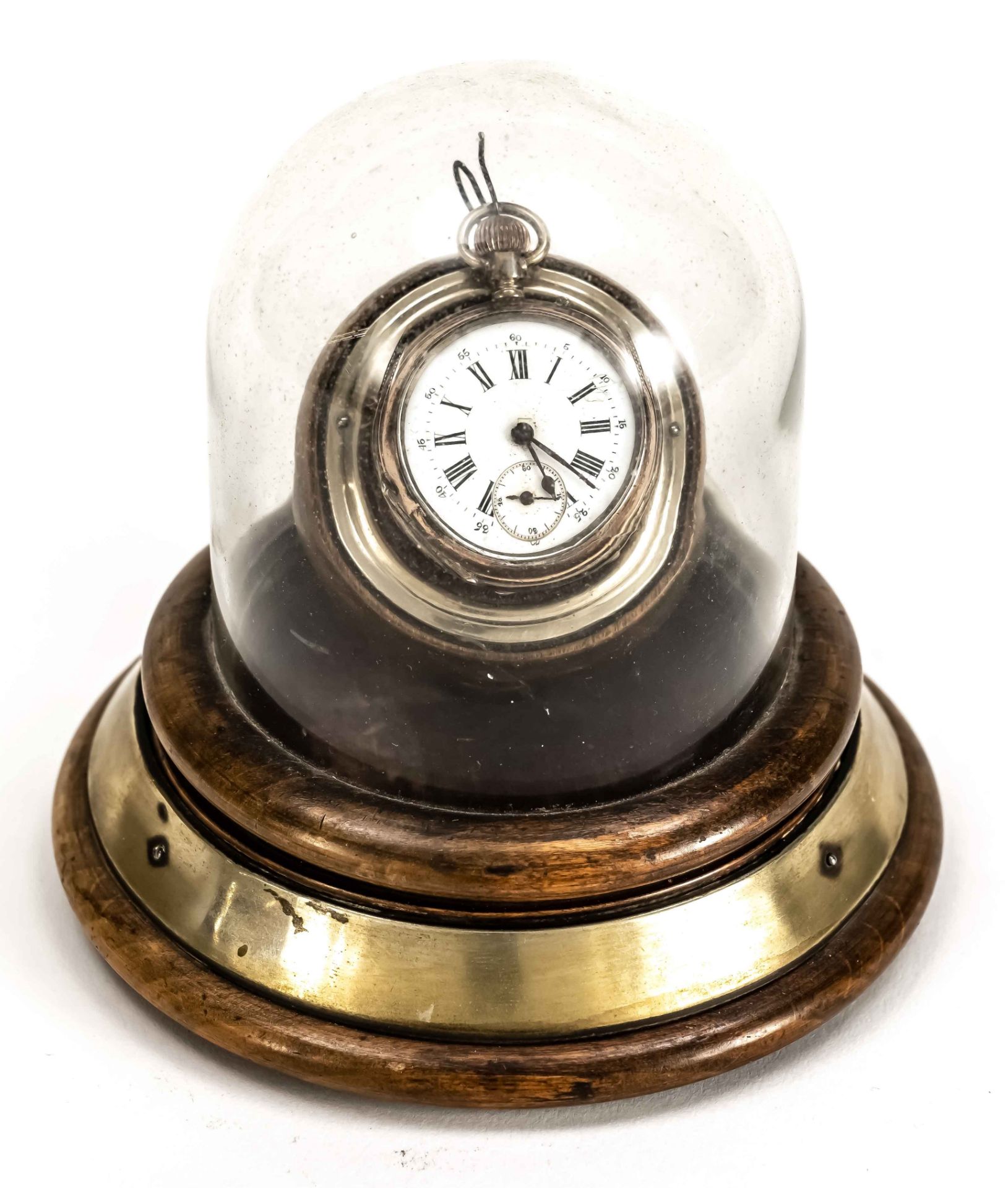 Pocket watch stand wood with glass dome and brass rim, wooden rim cracked at the back, men's