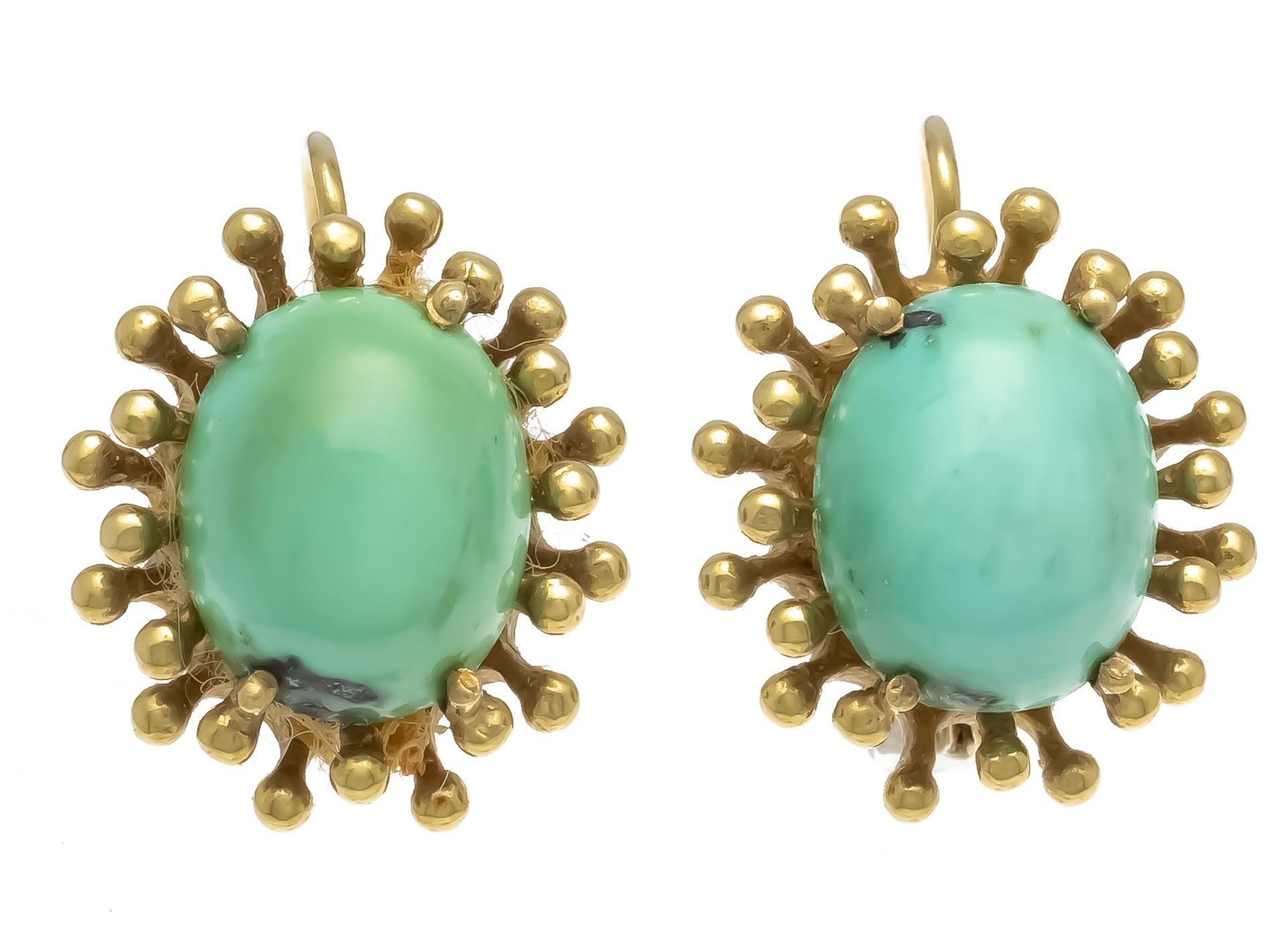 Turquoise earrings GG 585/000 with 2 oval turquoise cabochons 10,3 x 8,3 mm, l. 17,5 mm, 5,5 g