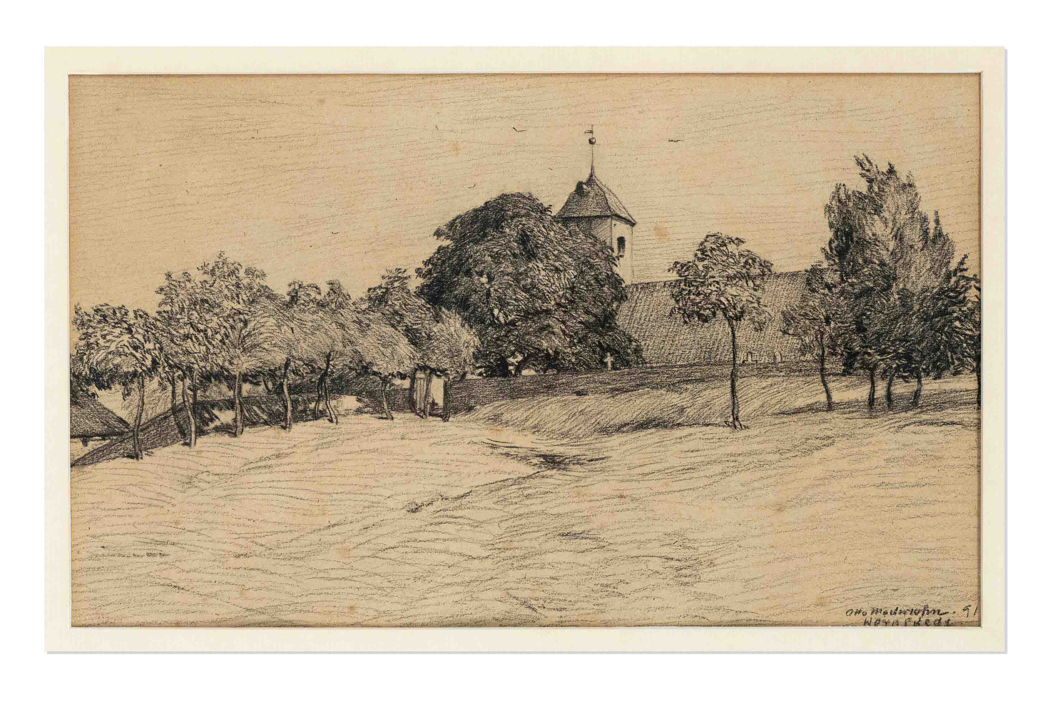 Modersohn, Otto. 1865 Soest - 1943 Fischerhude. Worpswede church. Study. 1891. black chalk/paper,