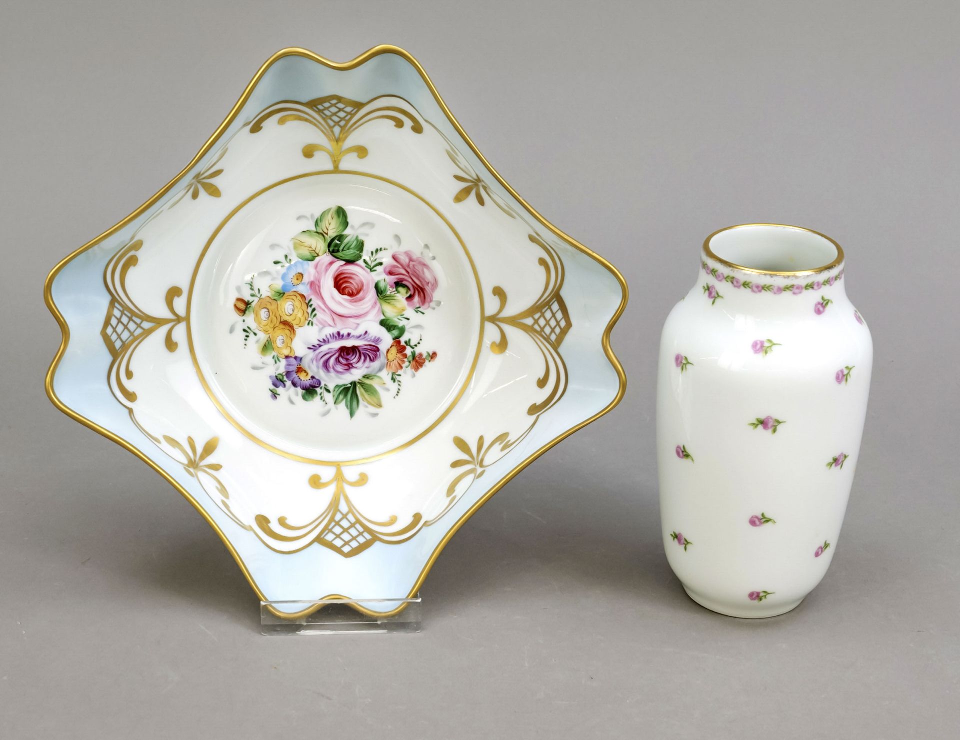 Two ornamental pieces, Limoges, France, 20th c., caré bowl with floral decor and ornamental gilding,