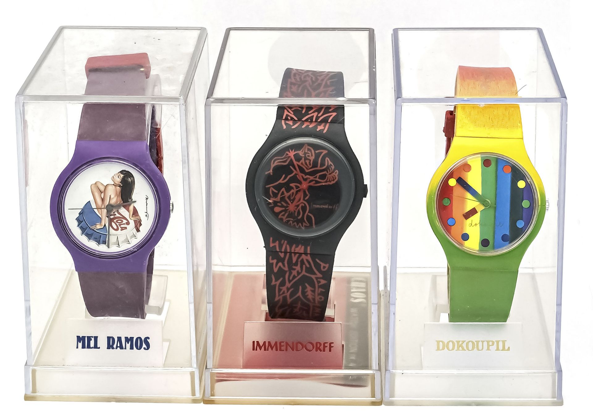 3 wrist watches quartz, pop art, Dokuopil, Mel Ramos, Immendorf, batteries probably empty, plastic
