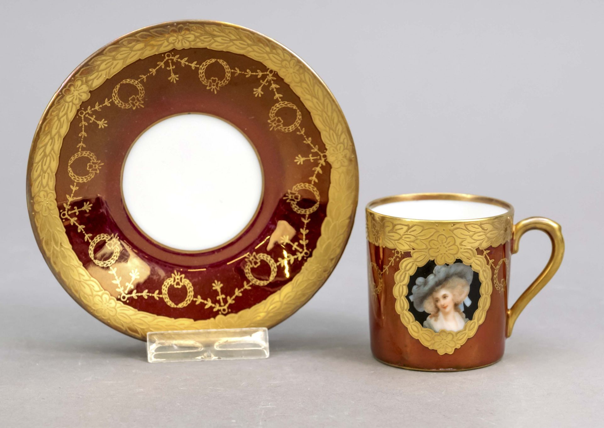 Demitasse with saucer, Tirschenreuth Bavaria, 20th century, front side with medallion with