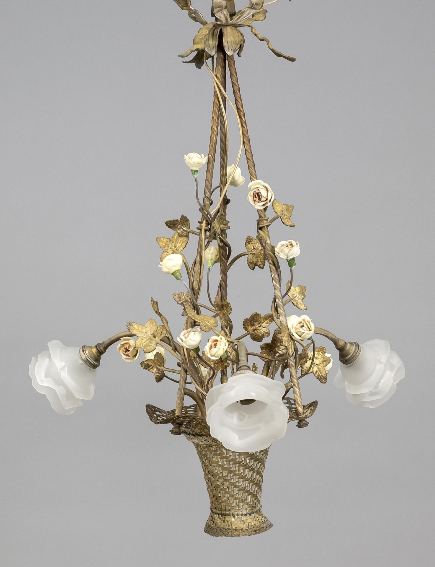 Ceiling lamp, late 19th century, bronze/brass, porcelain. As hanging basket with white roses and 3