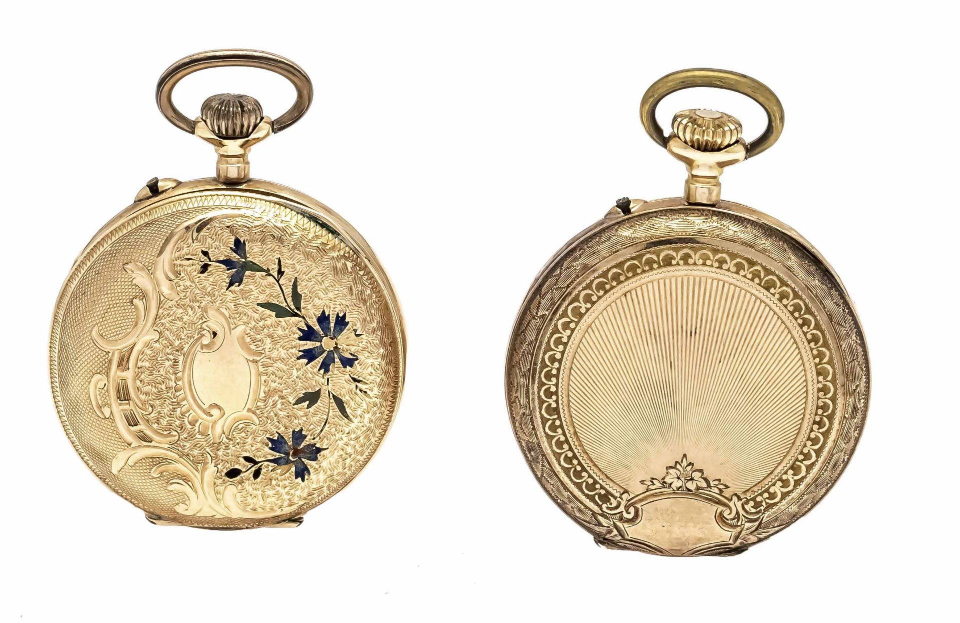 2 ladies' watches each 1 cover 585/000 GG, one with floral enamel motif, cylinder movements start, - Image 3 of 3