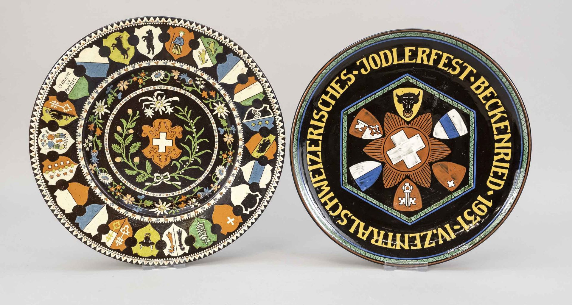 2 Schweizer Teller, Steinzeug p