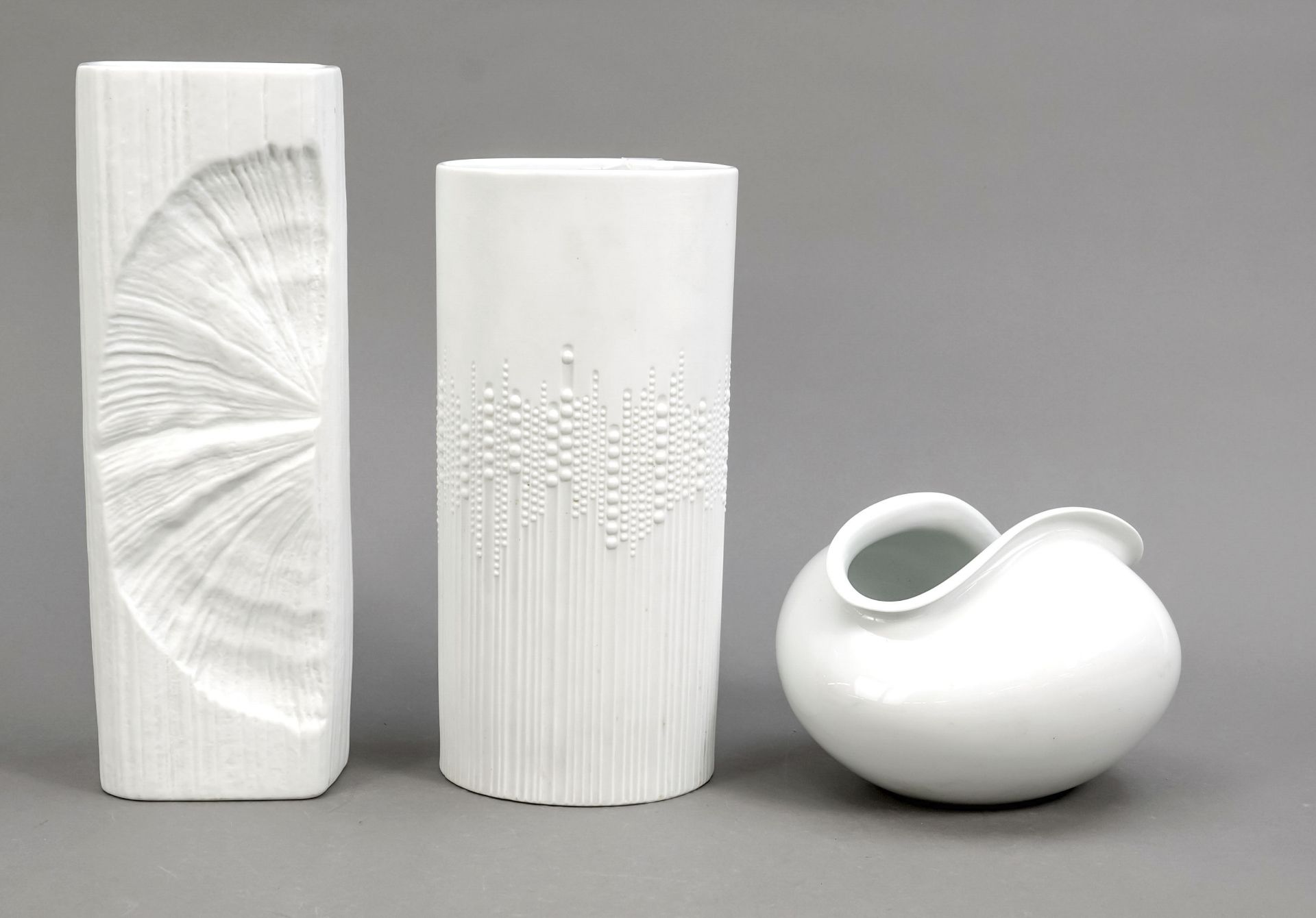 Three vases, Rosenthal, Studio-Line, after 1969, white, 2 high vases with strucrrelief, h. 24 and