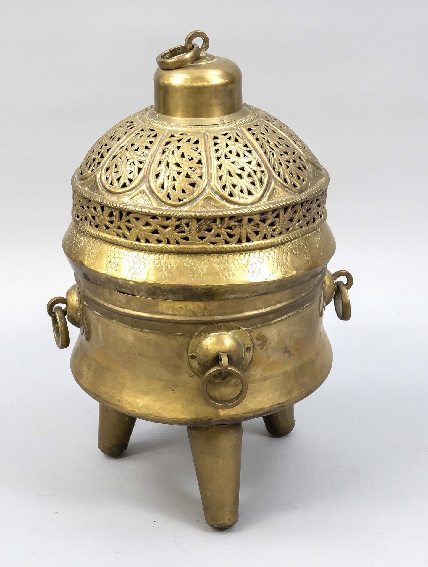 Large brass censer (for incense?), 19th/20th c., brass. Vessel with ring handles on 3 feet, openwork