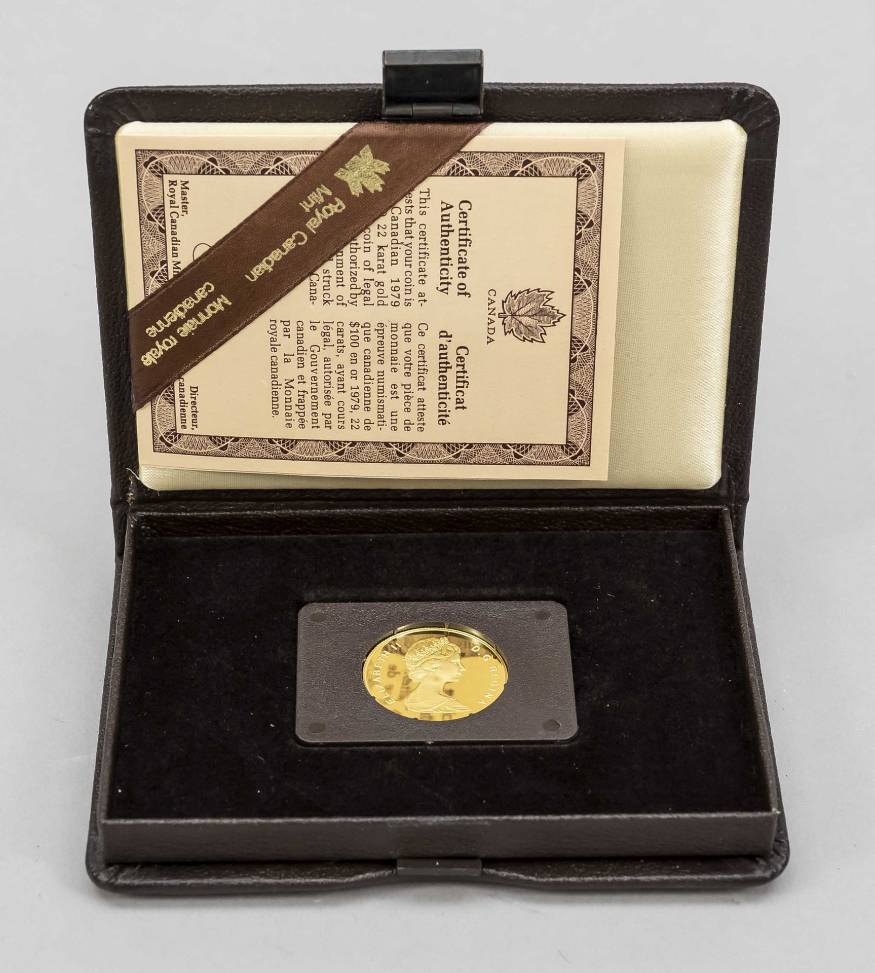 Gold coin ''100 Dollar 1979'' (Canada), VS Queen Elizabeth II, RS 6 children dancing around globe, - Image 3 of 3