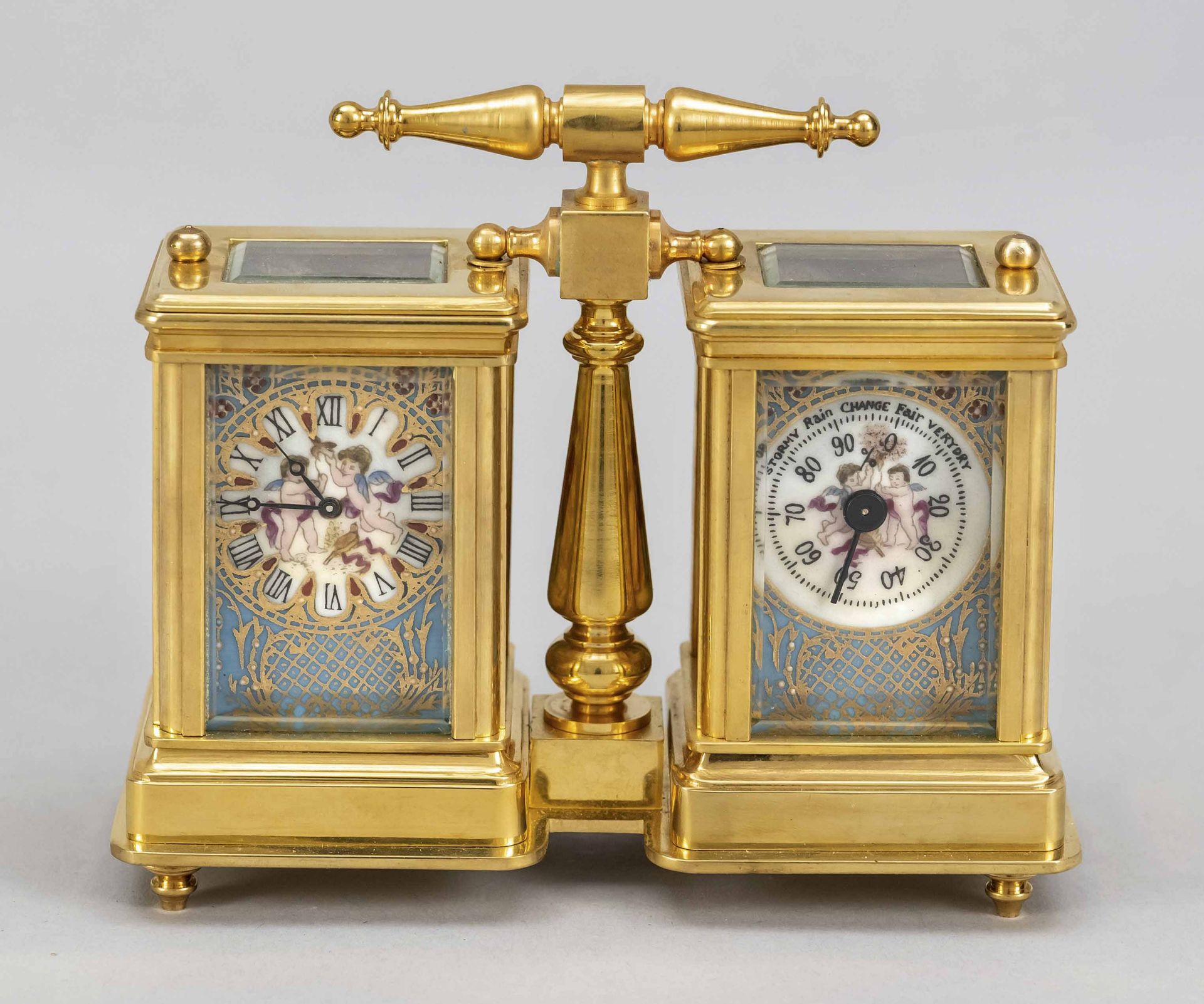 Travel alarm clock + barometer, 20th century, brass gilded with top mounted handle, figural painting