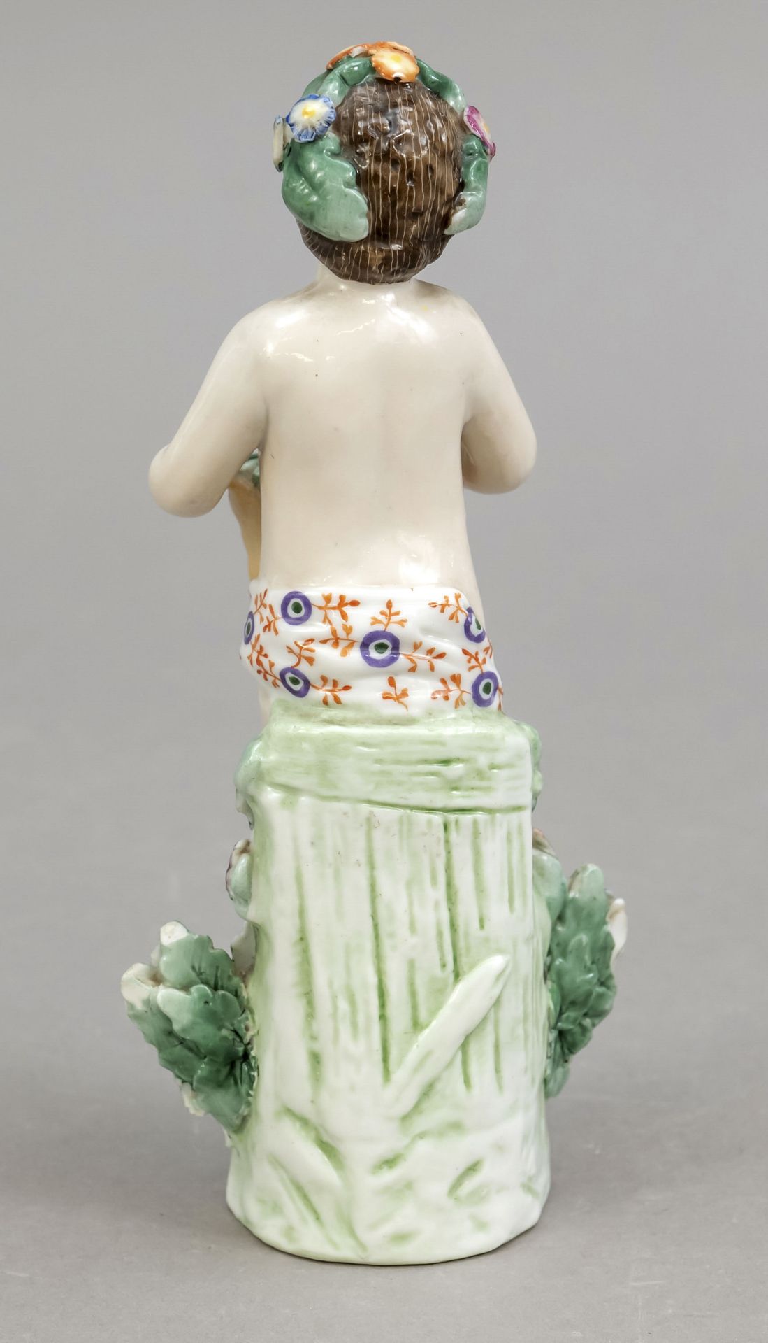Putto with flower basket, Bock- Wallendorf, 20th century, on rock base standing boy with flower - Image 2 of 2