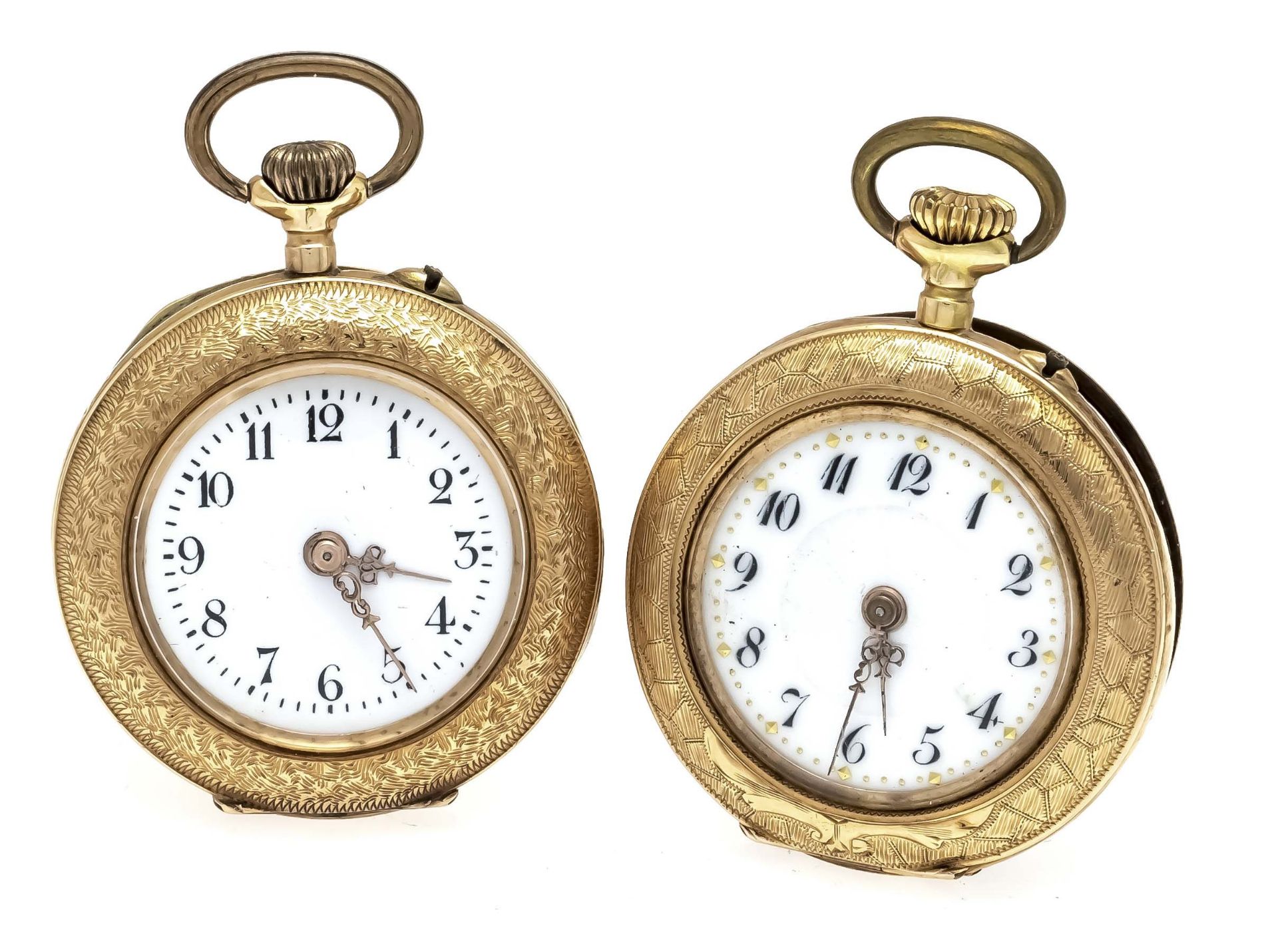2 ladies' watches each 1 cover 585/000 GG, one with floral enamel motif, cylinder movements start,