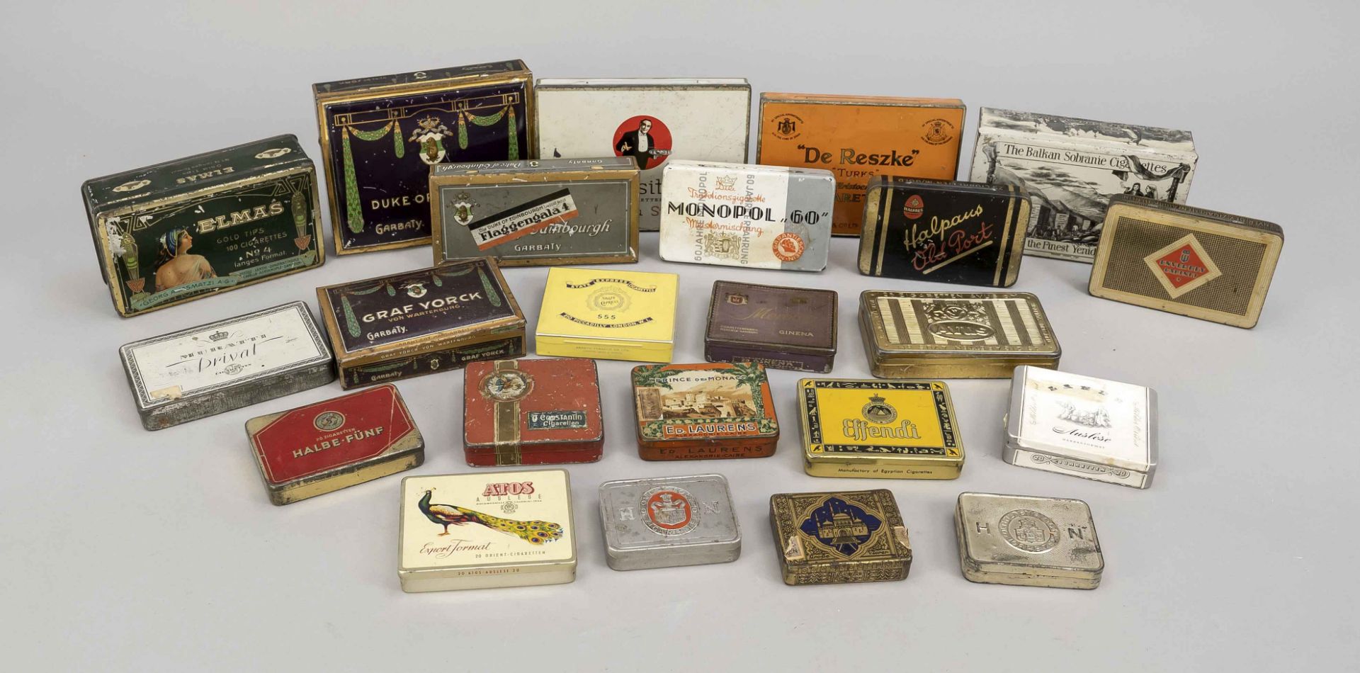 48 Cigarette boxes International, probably all 1st half 20th c., sheet metal with polychrome