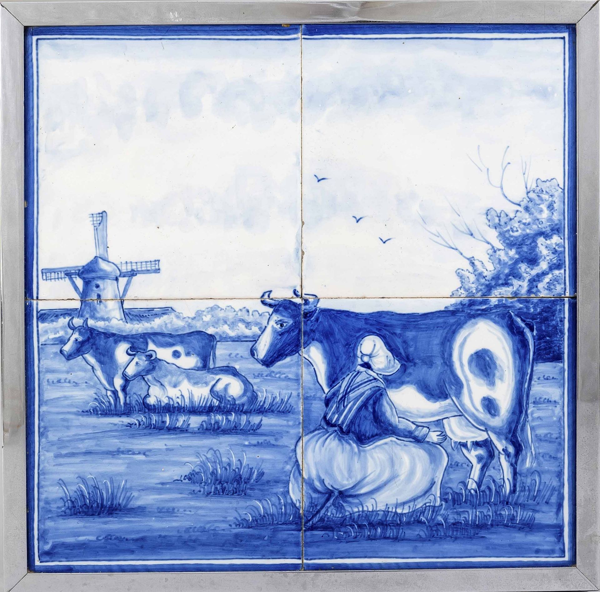 Tile painting, Holland, 19th c. (frame 20th c.). Milking scene with windmill in cobalt blue over 4