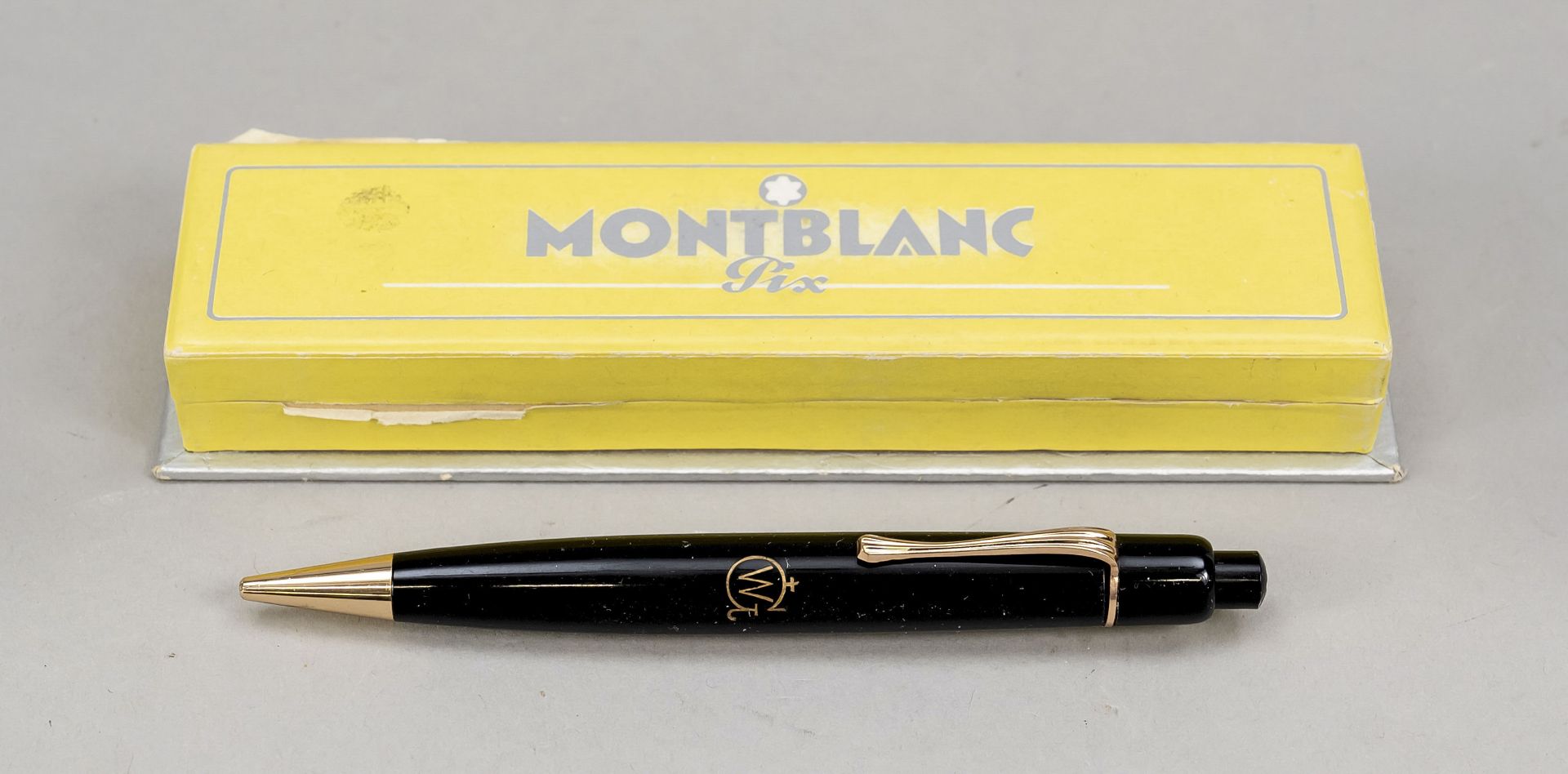 Montblanc Pix mechanical pencil, 2nd half of 20th c., black case, gilded applications, monogram,