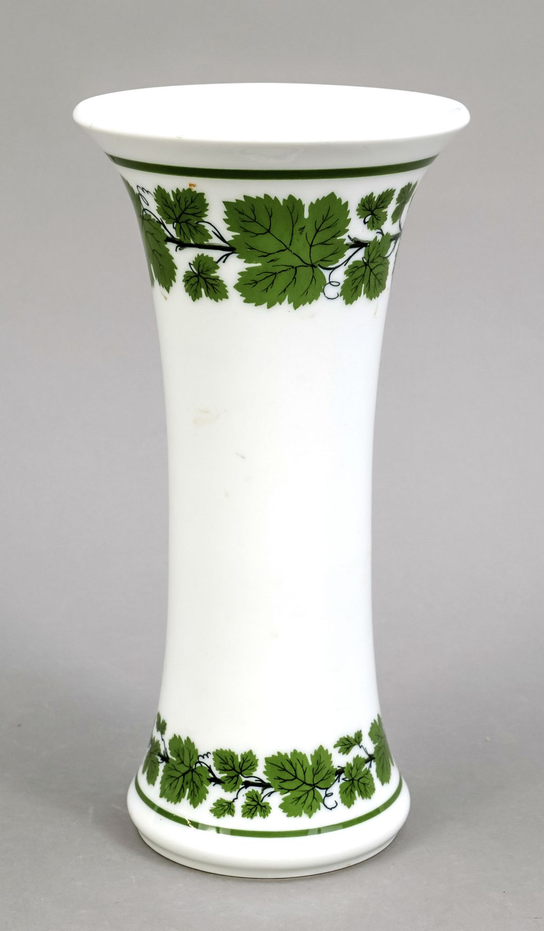 Rod vase, Meissen, mark after 1934, 1st choice, decor vine leaves in underglaze green, minimal