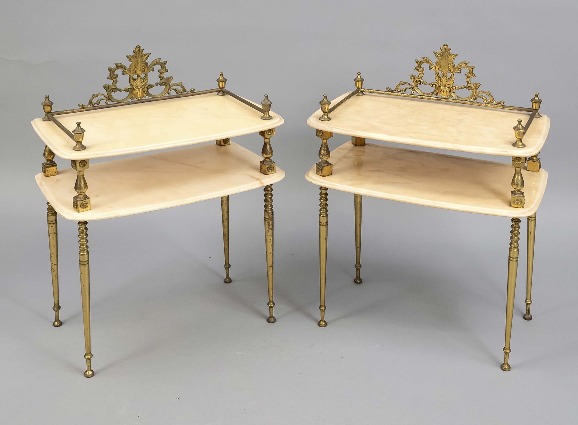 Pair of side tables/nightstands, 1st c. 20th c. Slender balustrated brass legs, 2 tiers with rounded