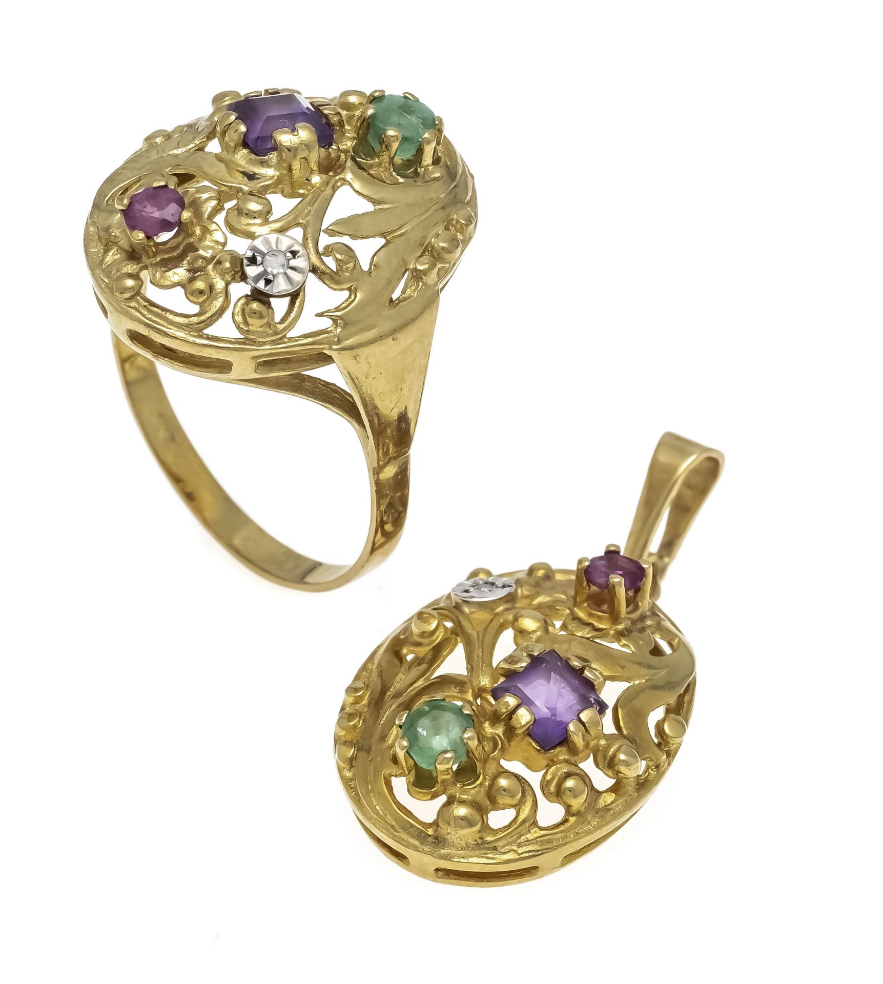 2-piece garden set 333/000 unstamped, tested, with different faceted amethysts, emeralds, rubies and