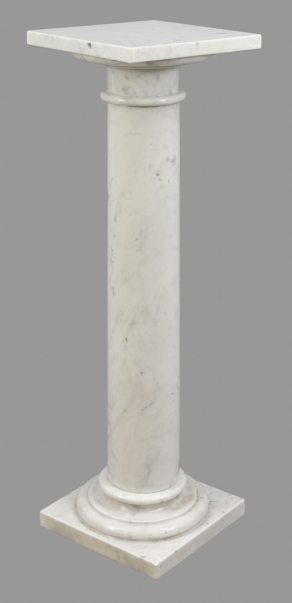 Flower column, 20th c., white, slightly veined marble, classical form with square top plate,