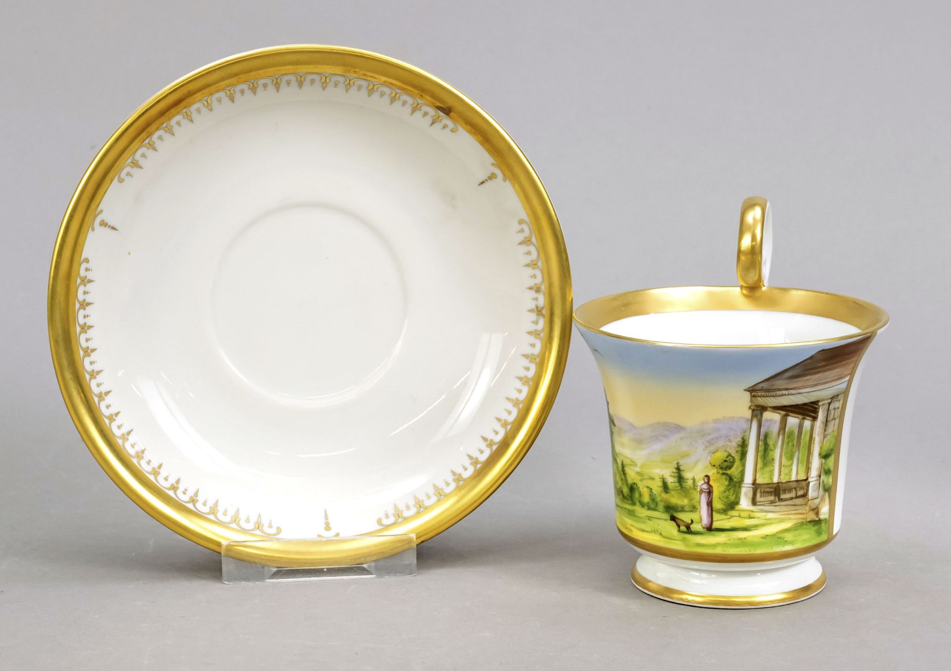 View cup and saucer, Pirkenhammer, Czechoslovakia, 20th century, bell shape with rosette handle,