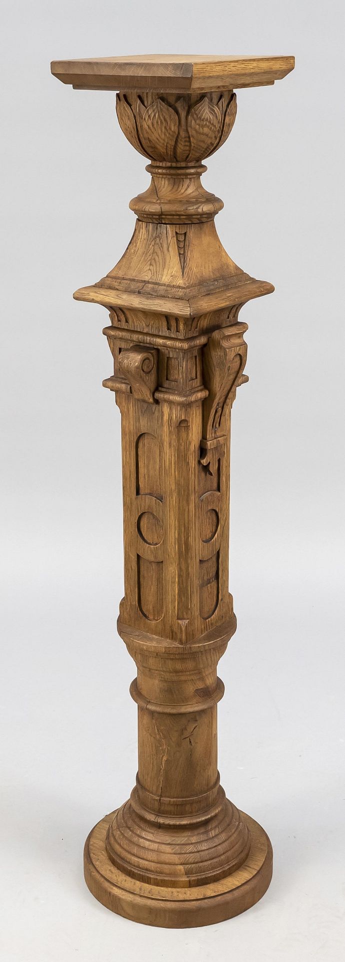 Large floral column, 20th c., oak. Balustrated and coffered, vase capitals (lotus?), h. cm