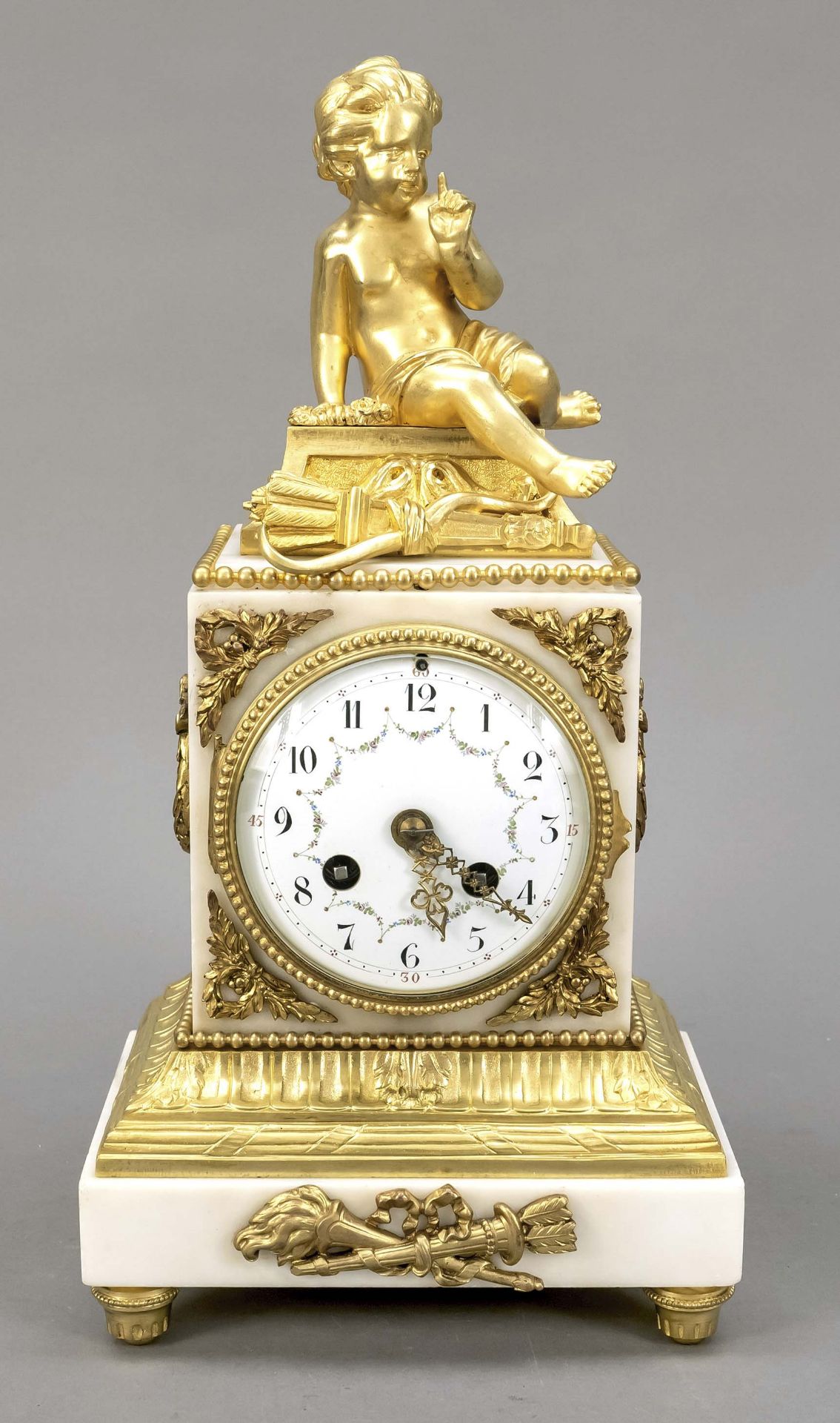 French. Figure pendulum, 2nd half 19th c., white marble with gilded tendrils and torches, crowned by