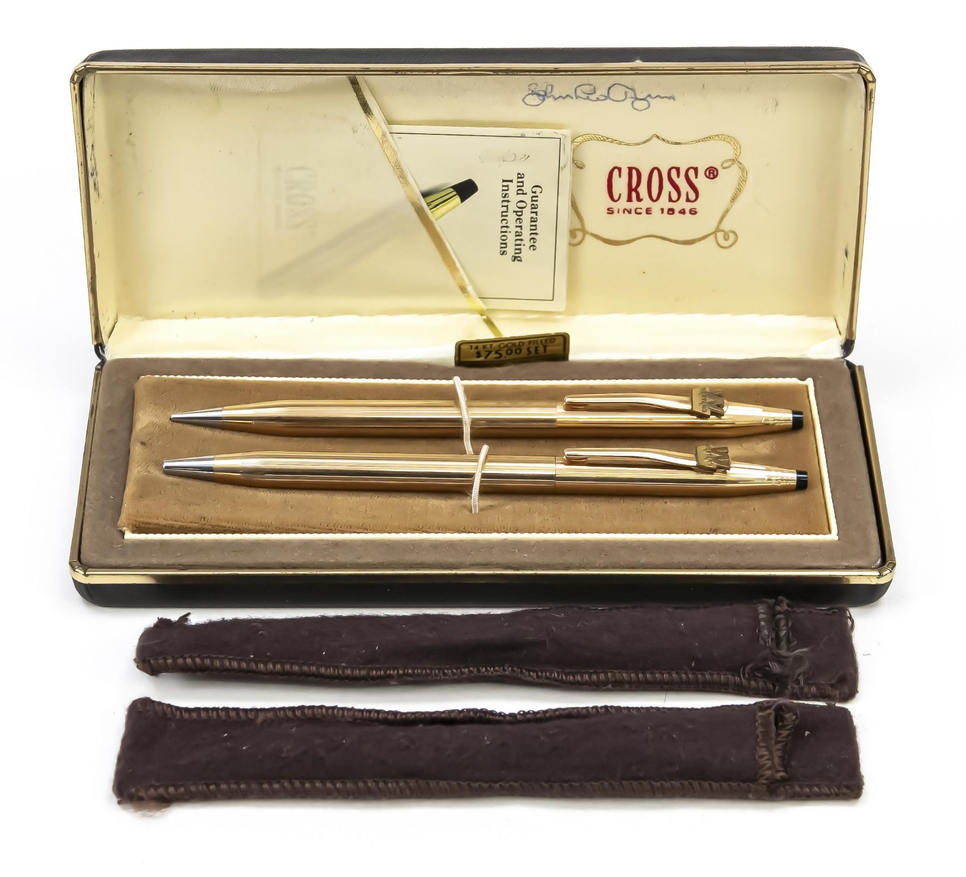 Two-piece writing set, Cross, Made in USA, 2nd half of 20th century, 14 ct hard gold plated case