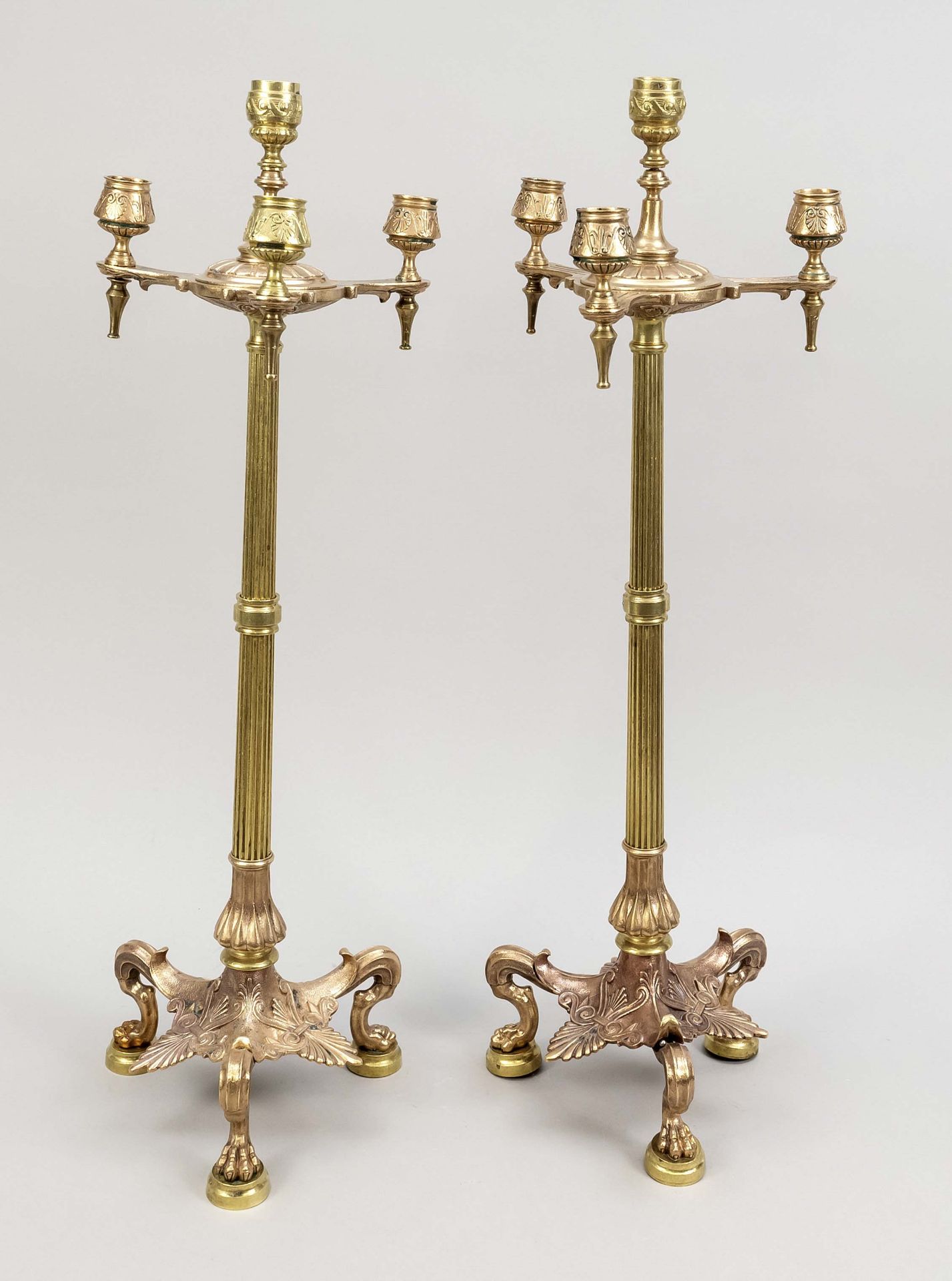 Pair of candlesticks in Etruscan style, 19th/20th c., brass/bronze? partially copper-plated. Three-