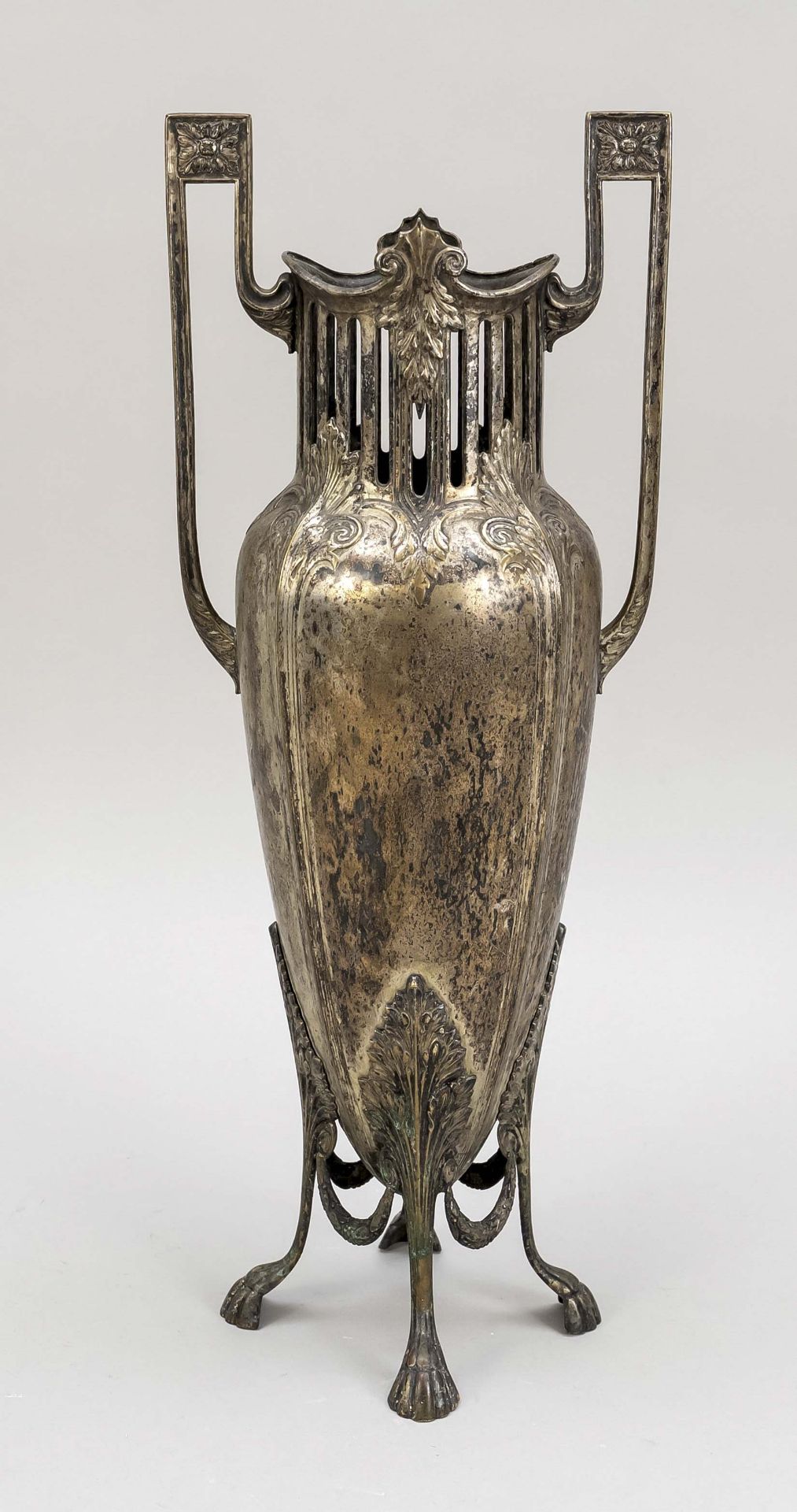Amphora vase, late 19th century, copper? silver plated. Overlaid with foliage, openwork neck with