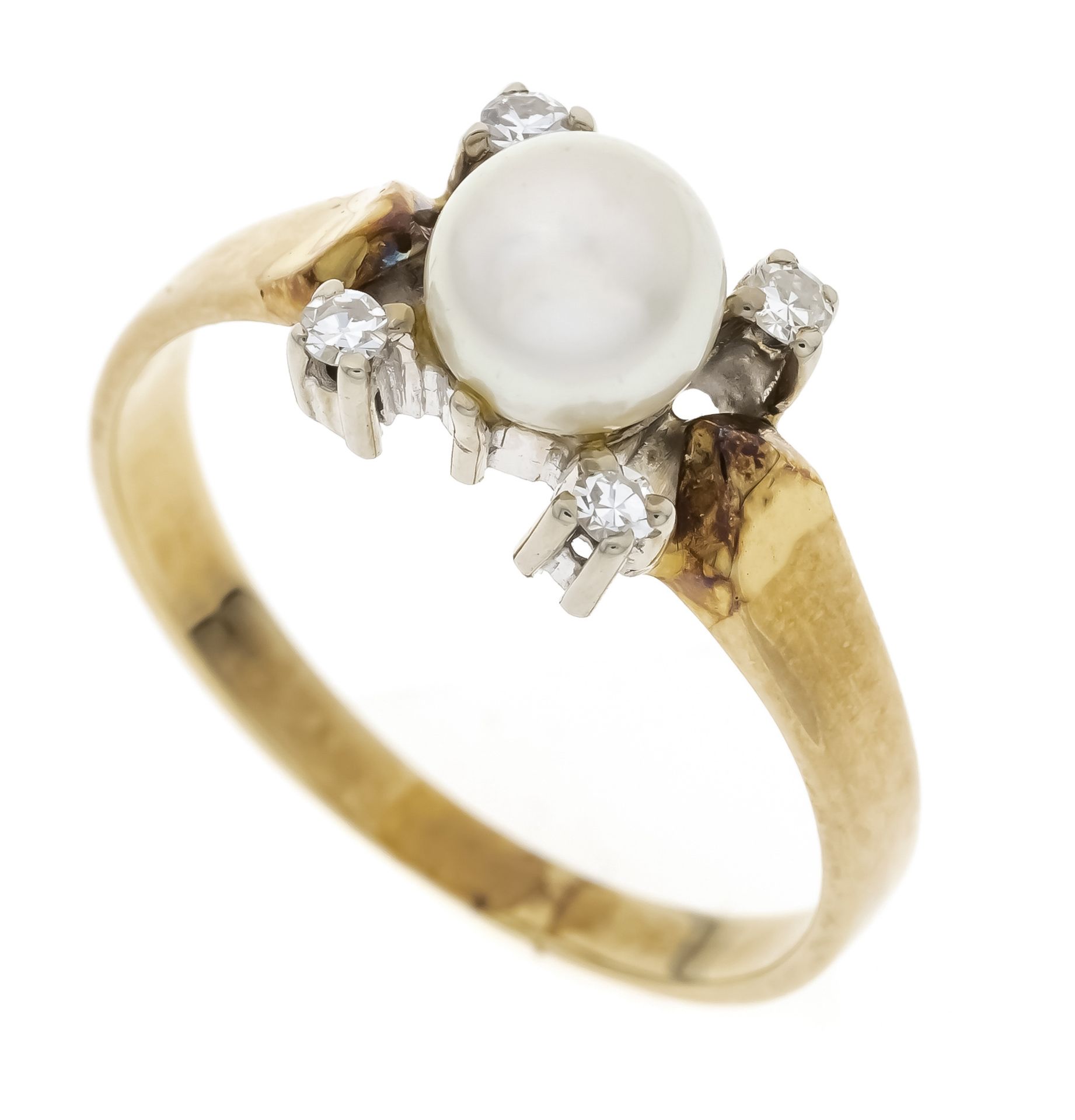 Pearl-cut diamond ring GG/WG 585/000 with one white Akoya pearl 6,2 mm and 4 brilliant-cut diamonds,