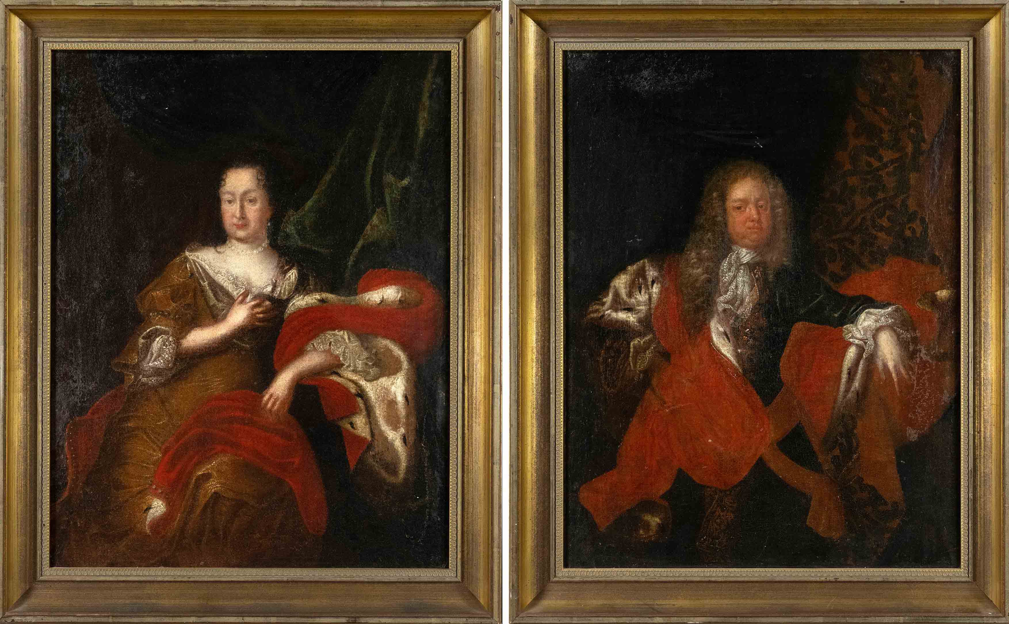 Court portrait painter of the 17th century, pair of portraits of rulers in front of brocade