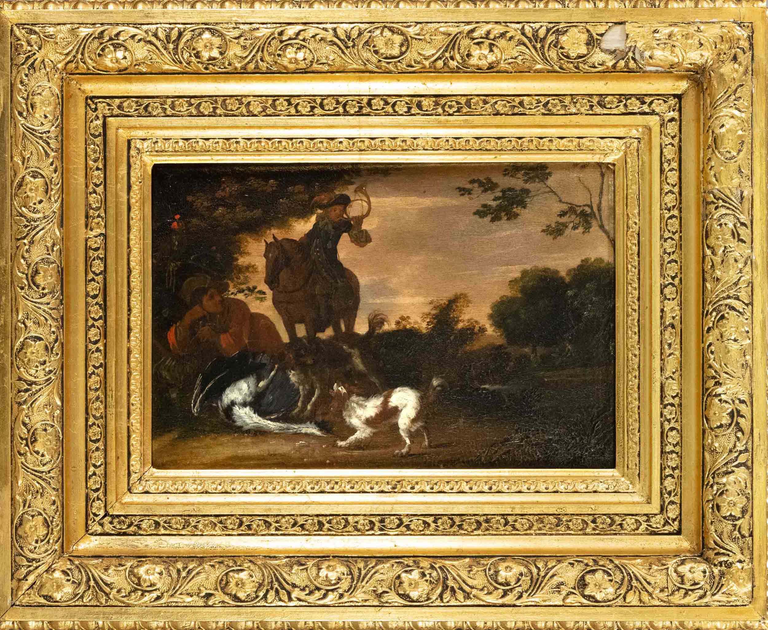 French old master of the 18th century, ''Halali'', hunting scene with resting hunter beside hunted