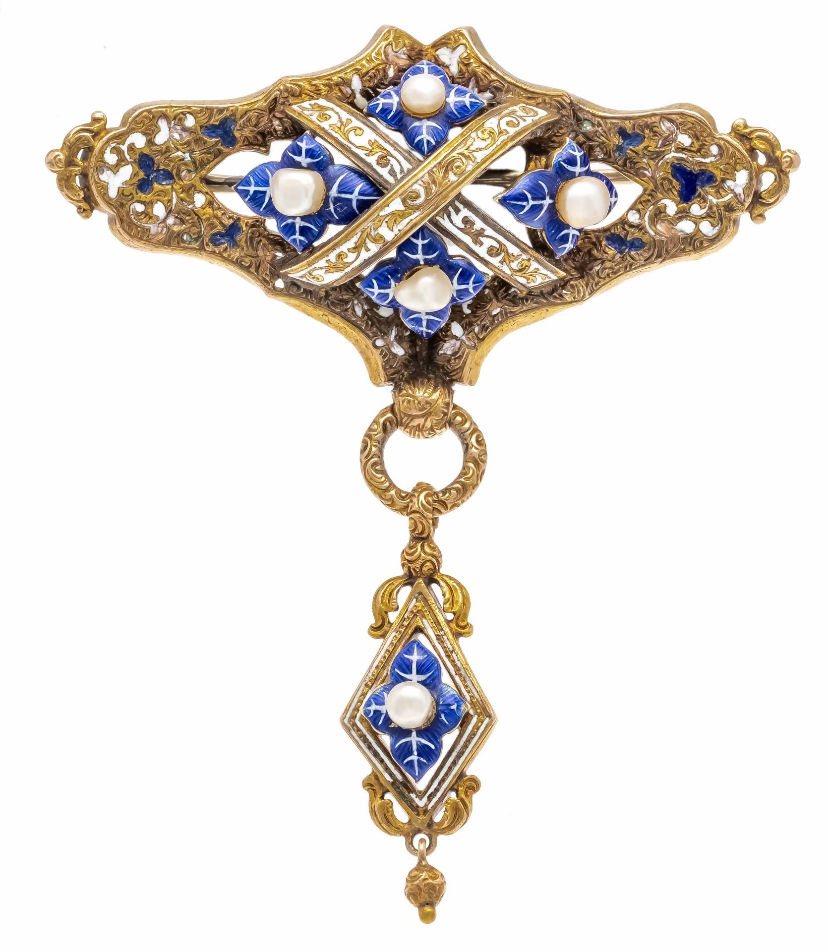 Enamel brooch c. 1850 GG 585/000 unstamped, tested, finely chased floral tendrils and diamond-shaped - Image 3 of 4