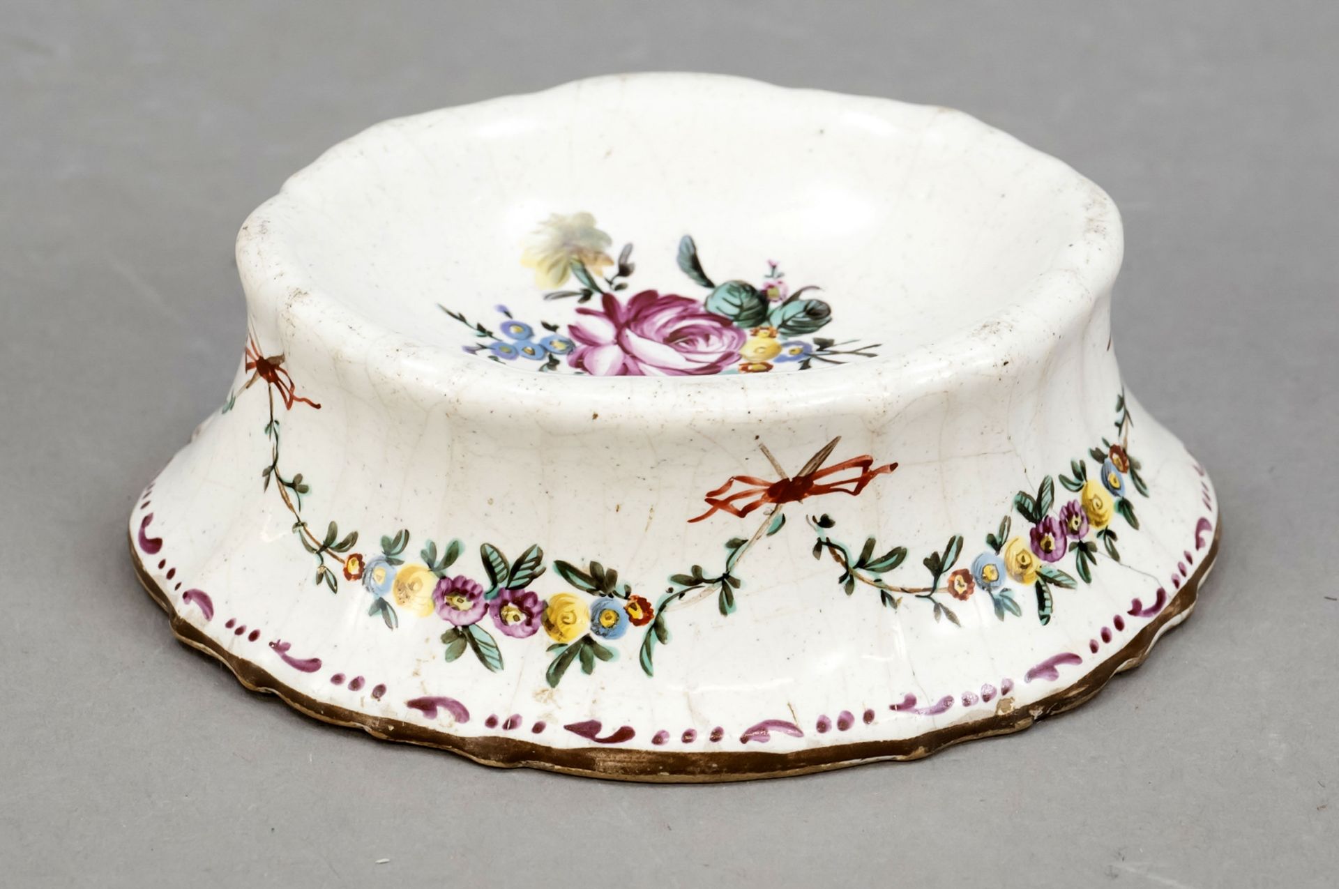 Saliere, 18th/19th century, faience, grey body with polychrome floral decoration, bumped rim, l. - Image 2 of 2
