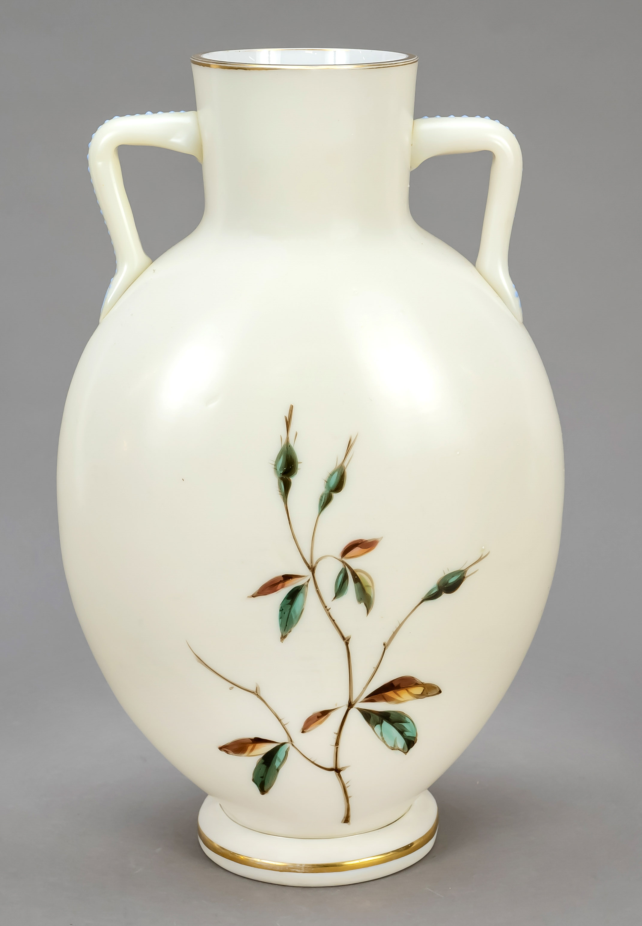 Vase, c. 1900, round stand, flat oval body, angular handles attached to the sides, white milk - Image 3 of 4