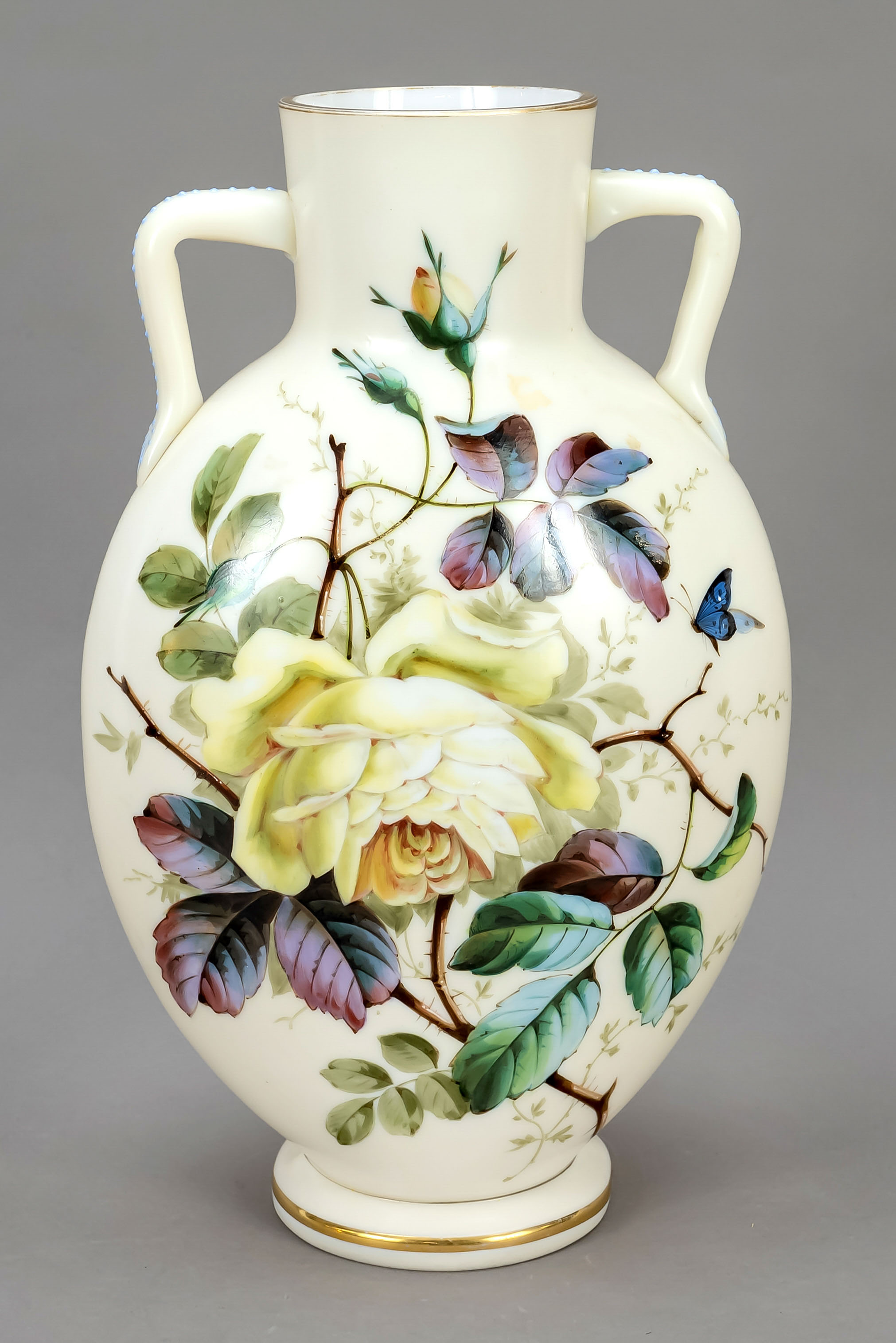 Vase, c. 1900, round stand, flat oval body, angular handles attached to the sides, white milk