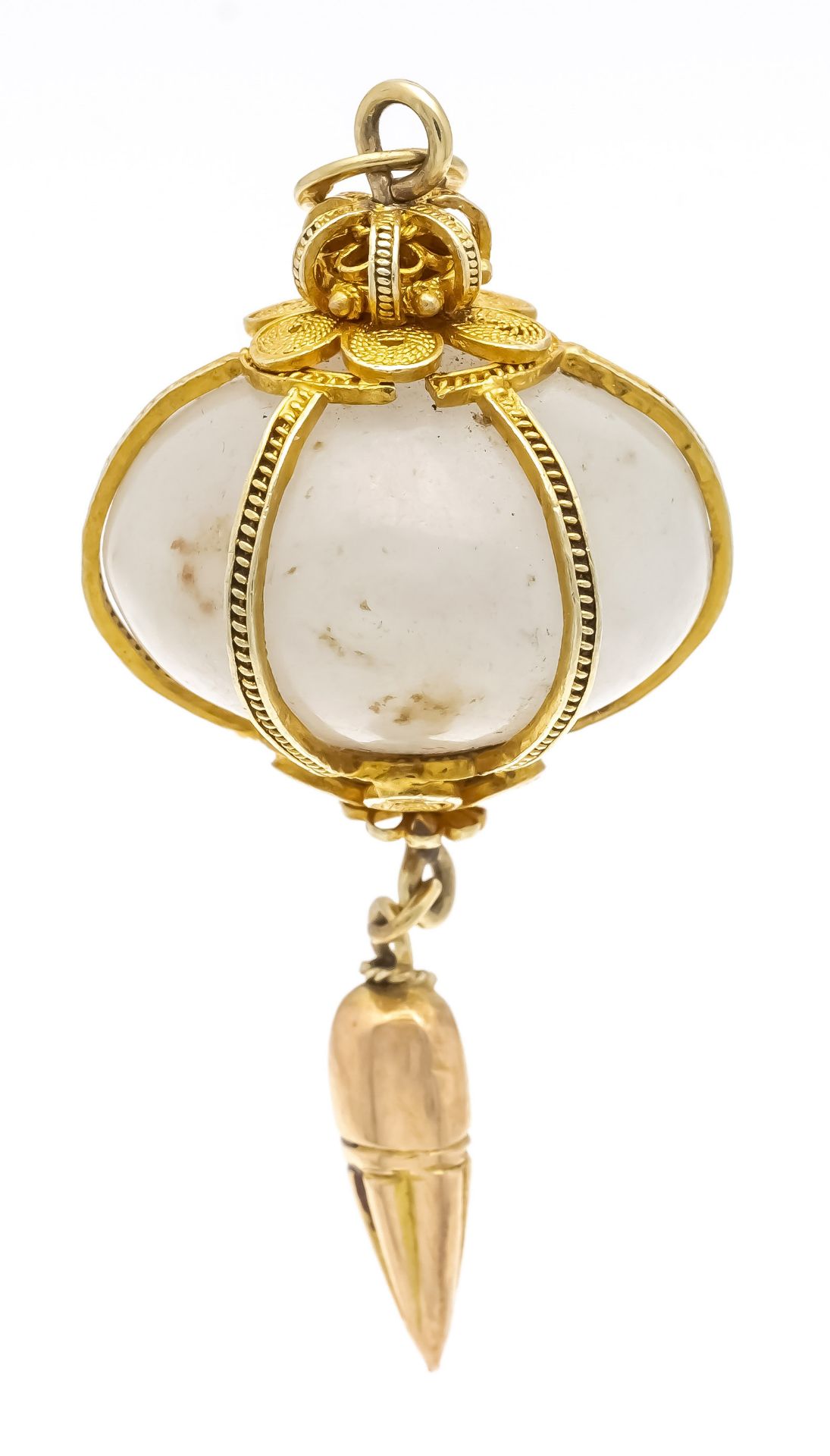 Filigree lampion pendant GG 585/000 unstamped, tested, with a roundish grey-white gemstone 18 x 10,5 - Image 3 of 3