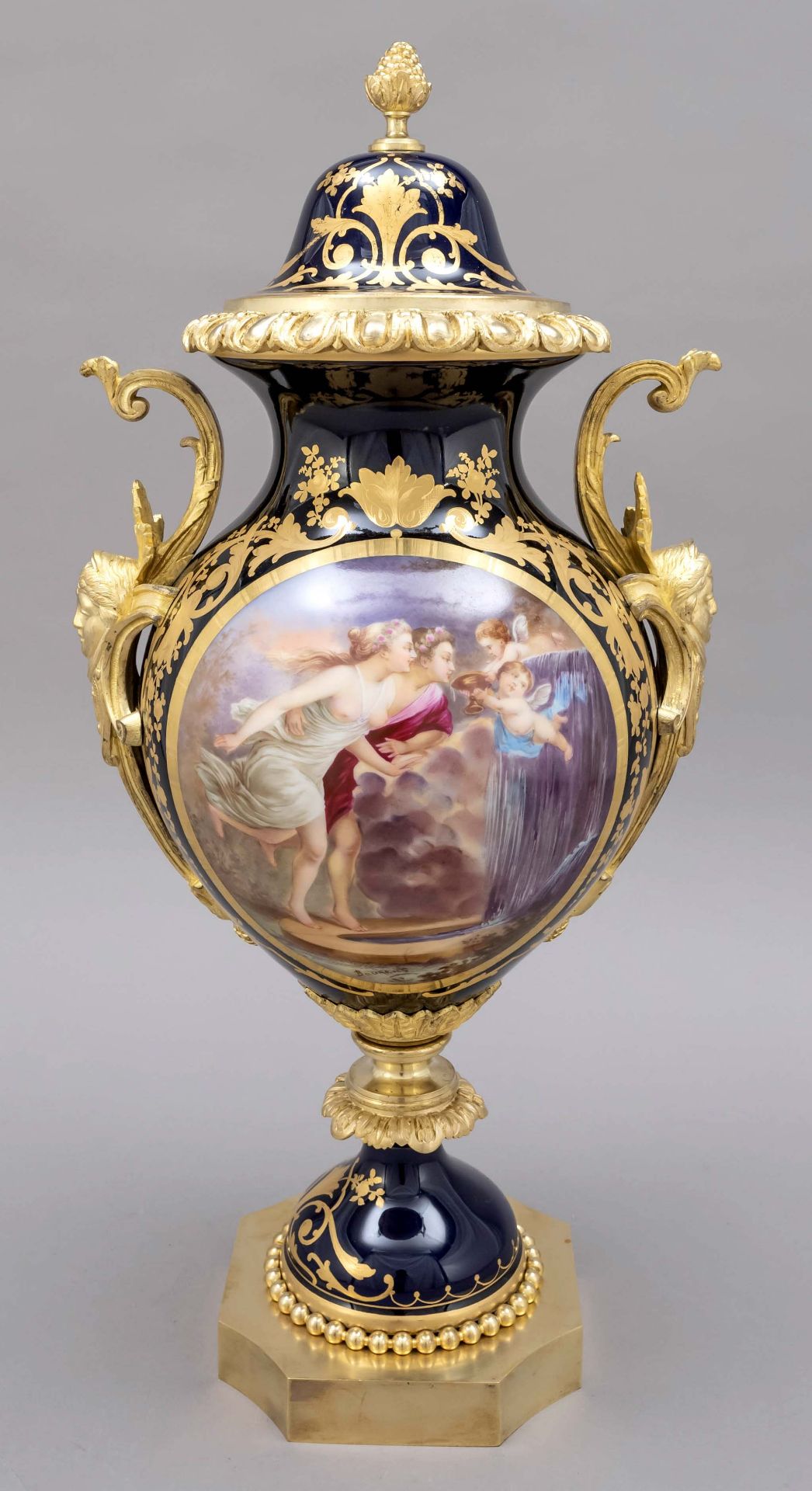 A magnificent vase in the style of Sevres, 19th century, jewelled porcelain with chased bronze, of